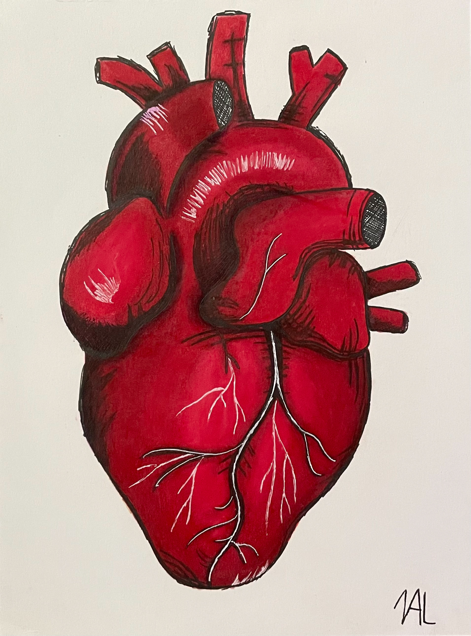 Realistic heart created on marker paper using alcohol markers, colored pencils, and black & white ink pens. 