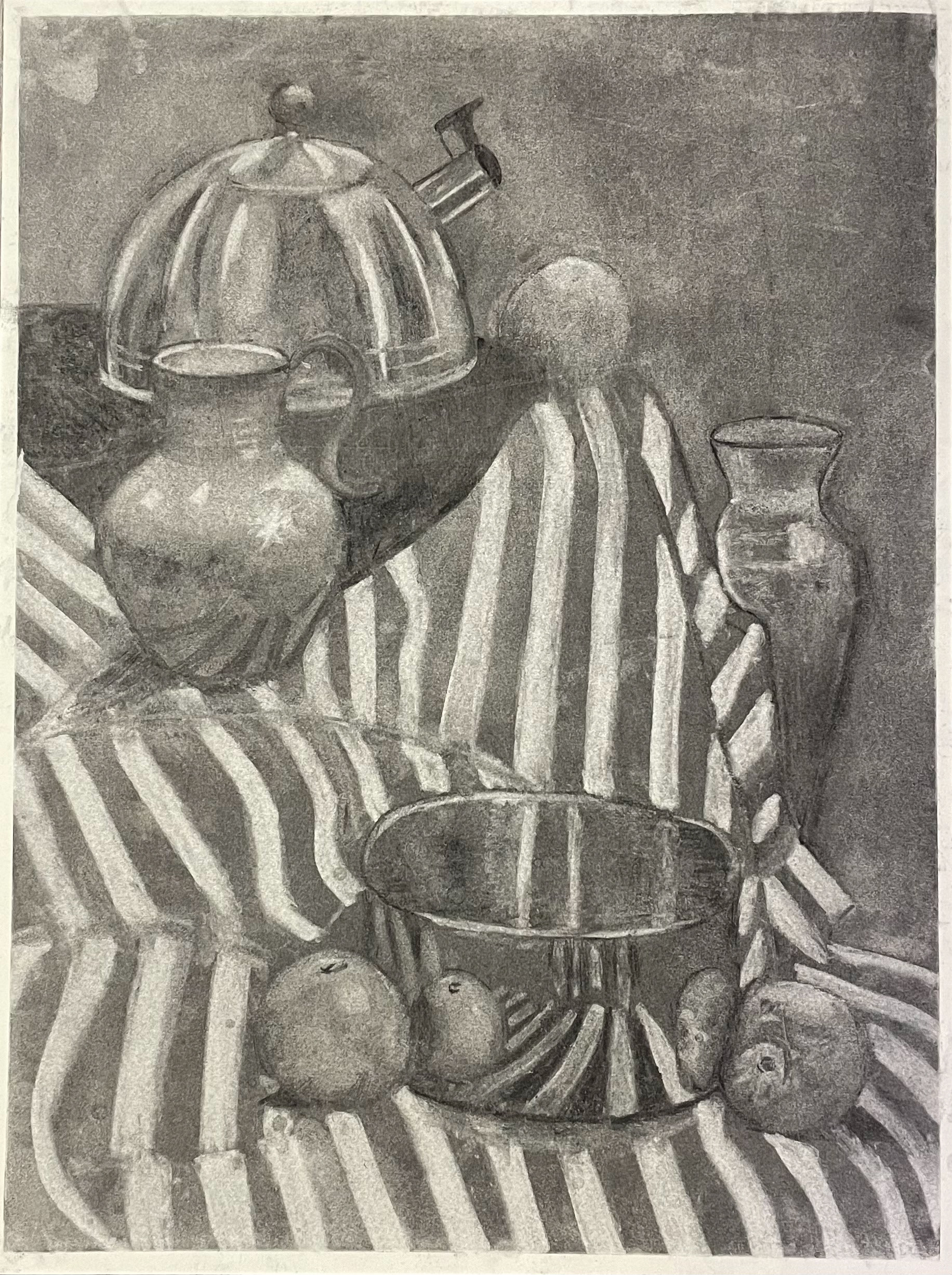 still life created by blacking out a whole page with black charcoal and then erased to create objects and highlights