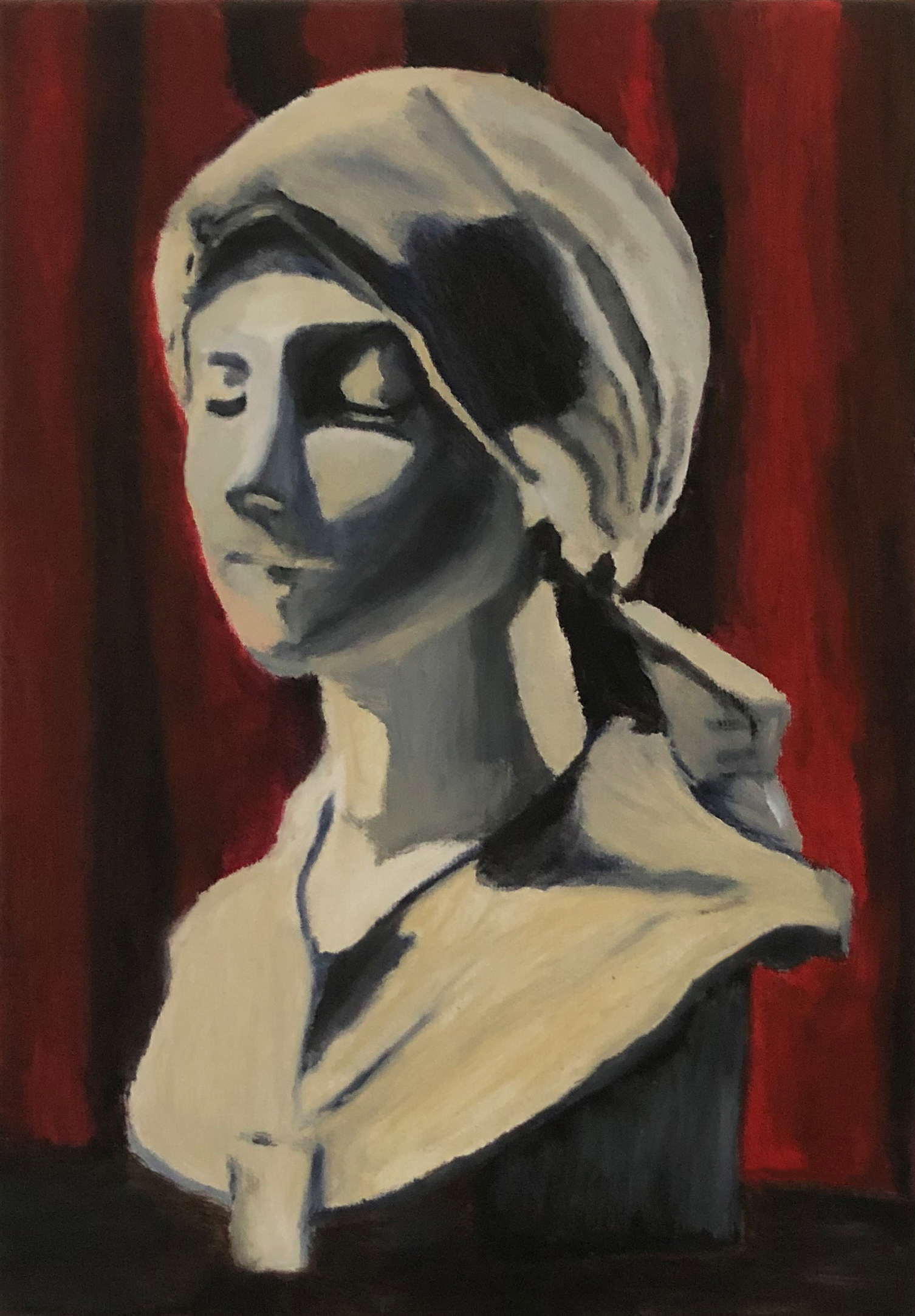 Skulptur vor rotem Vorhang, 2020