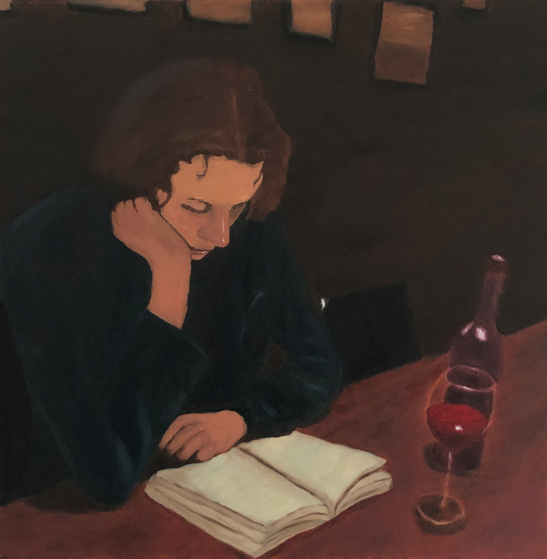 Selbstbildnis mit Buch und Flasche, 2021