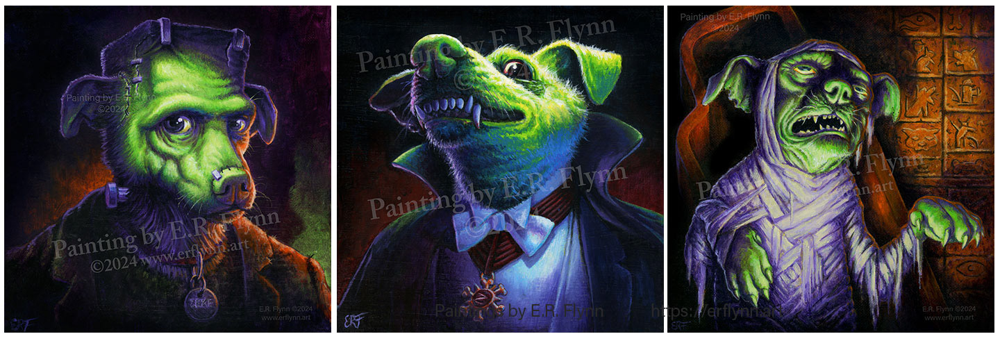 Left to Right: Frankenstein's Monster's Dog, Count Zekecula, and Zeke-ho-tep. 8"x8" acrylic paintings by E.R. Flynn