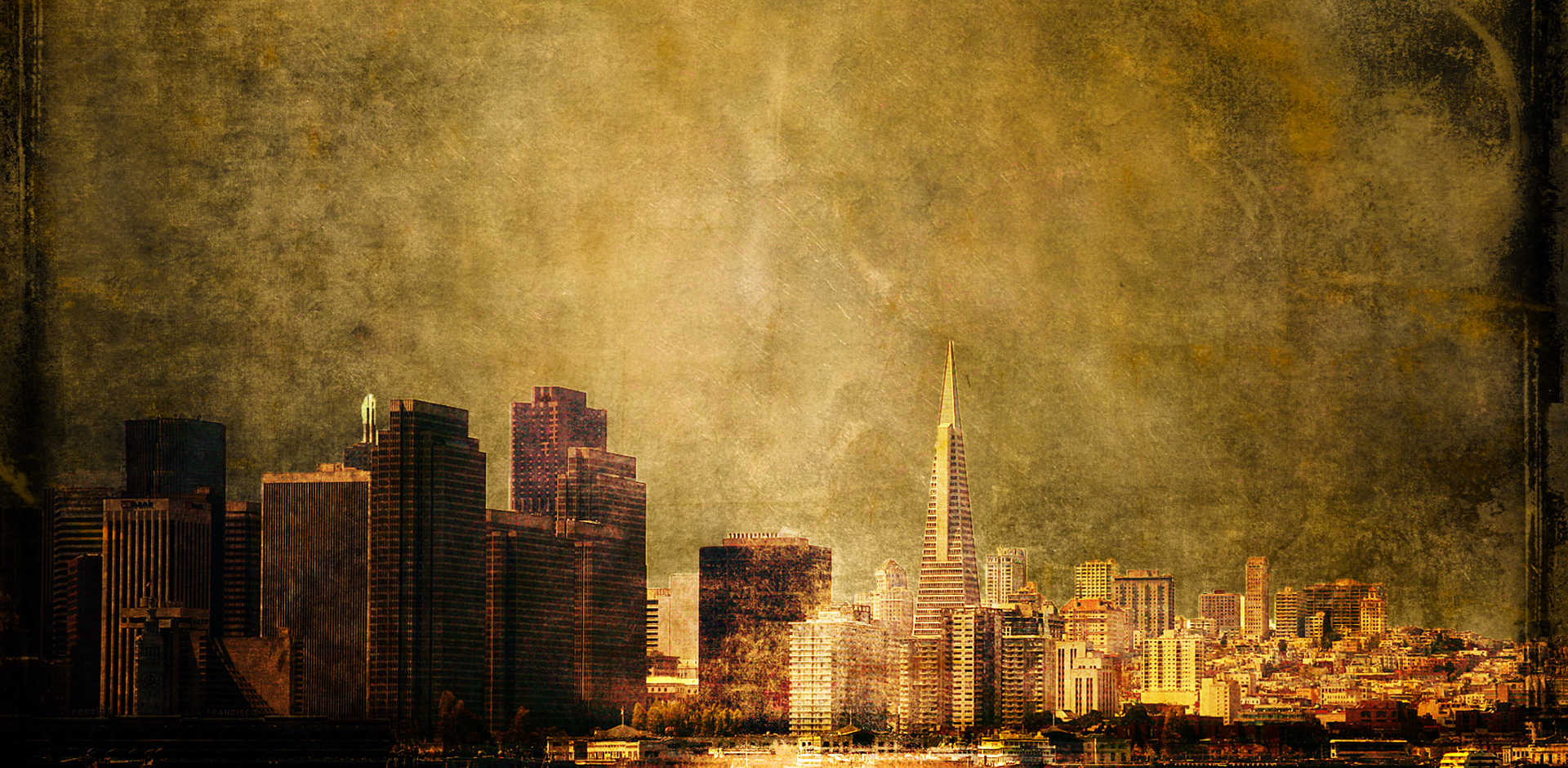 The skyline of San Francisco made to look like an aged 19th century photo. 