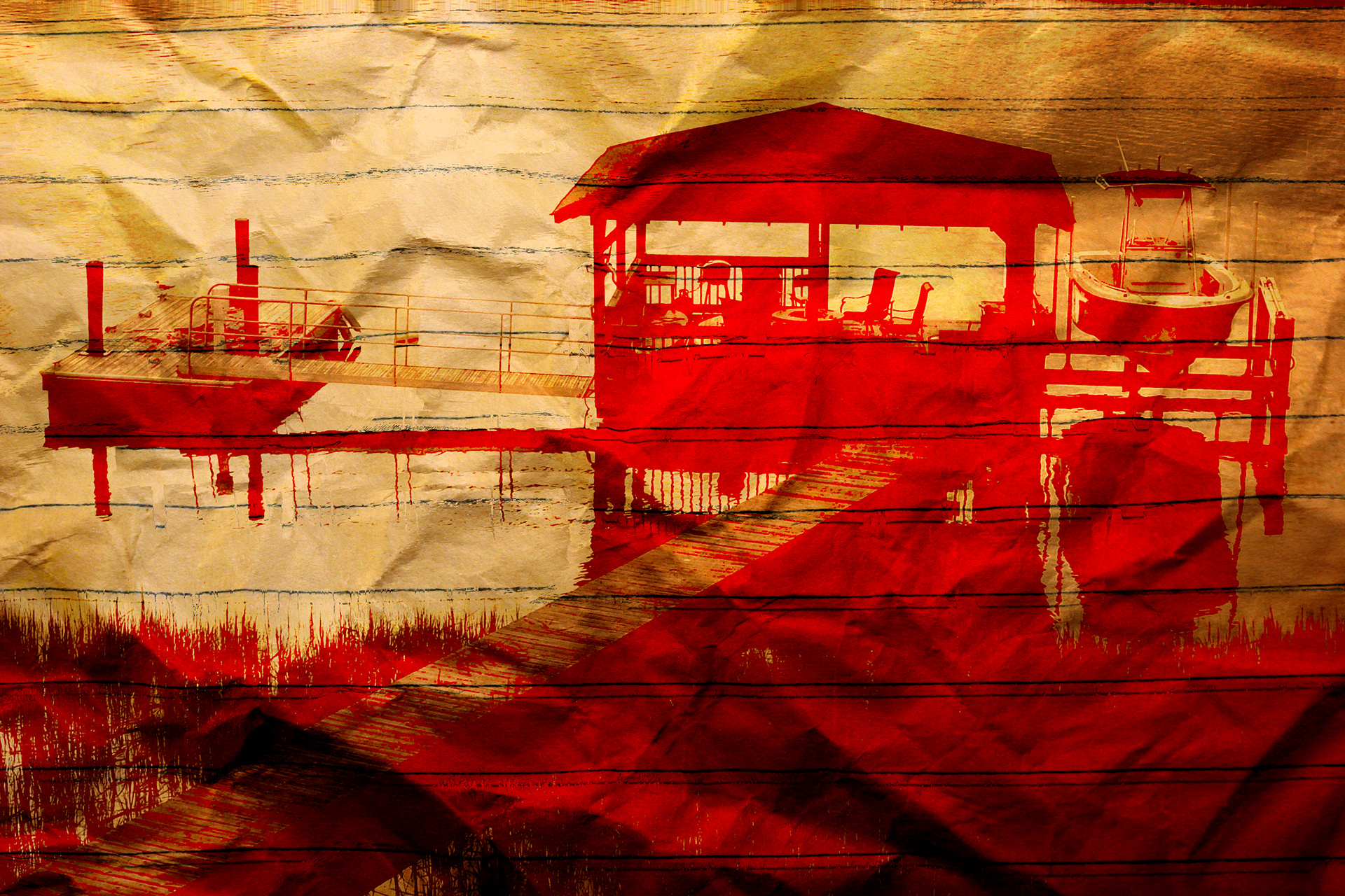 A drawing of a pier and and a boat superimposed onto a crumpled paper. 