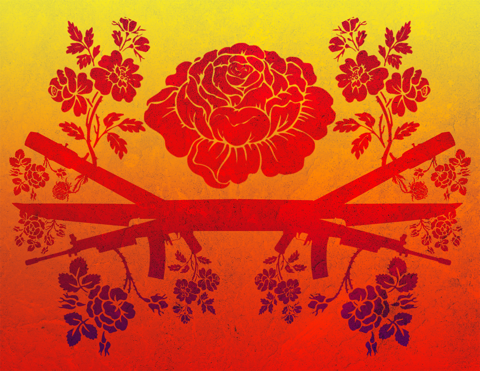 A silhouette of flowers intertwined with guns and knives.