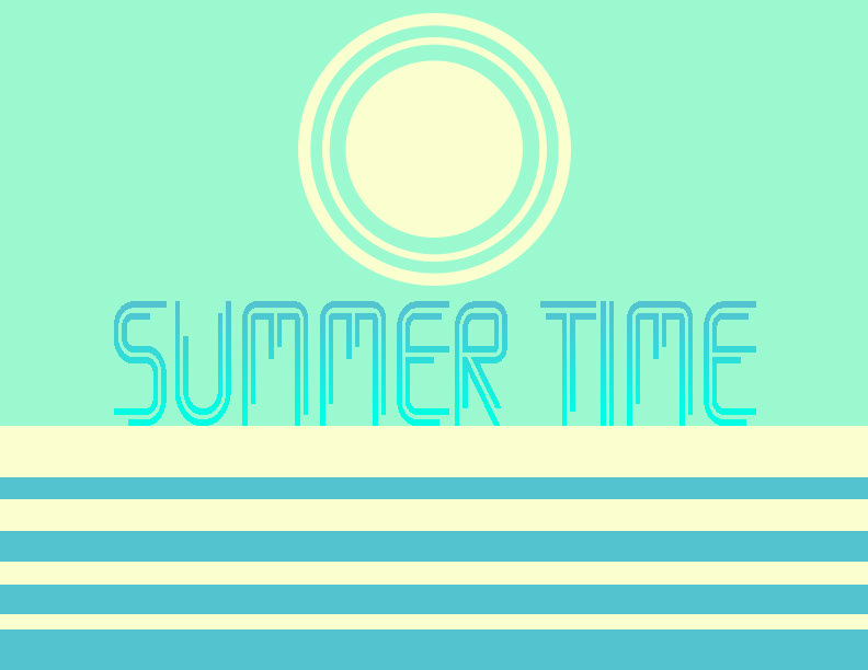 A sun over a simplified ocean, and the words "Summer Time". 
