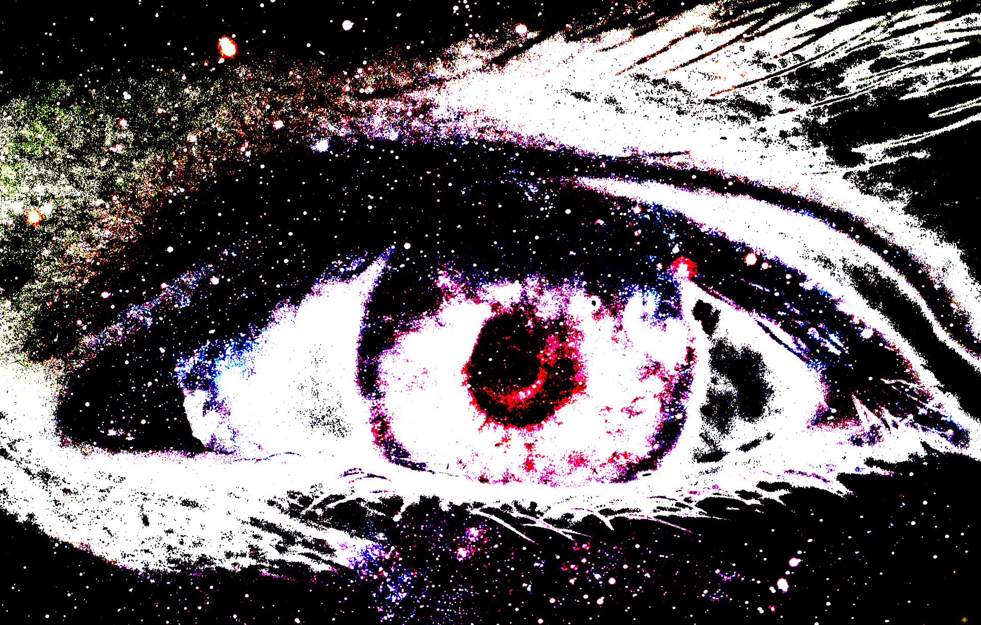 A giant eye made of stars and galaxies against a black background.