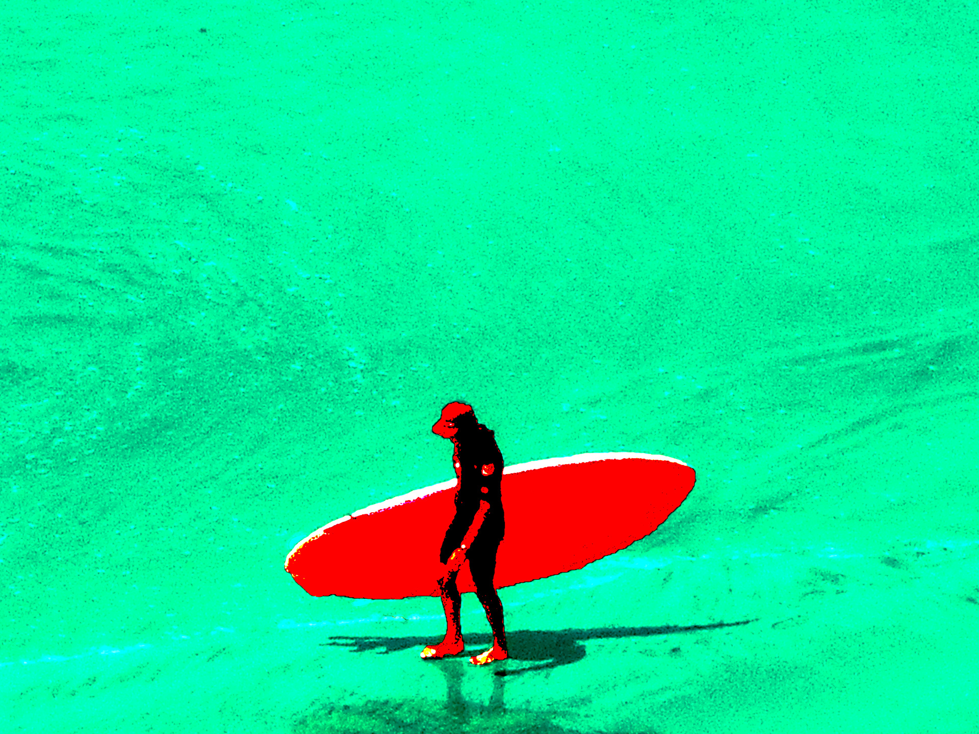 A red surfer with a surfboard walks along a neon blue-green beach. 