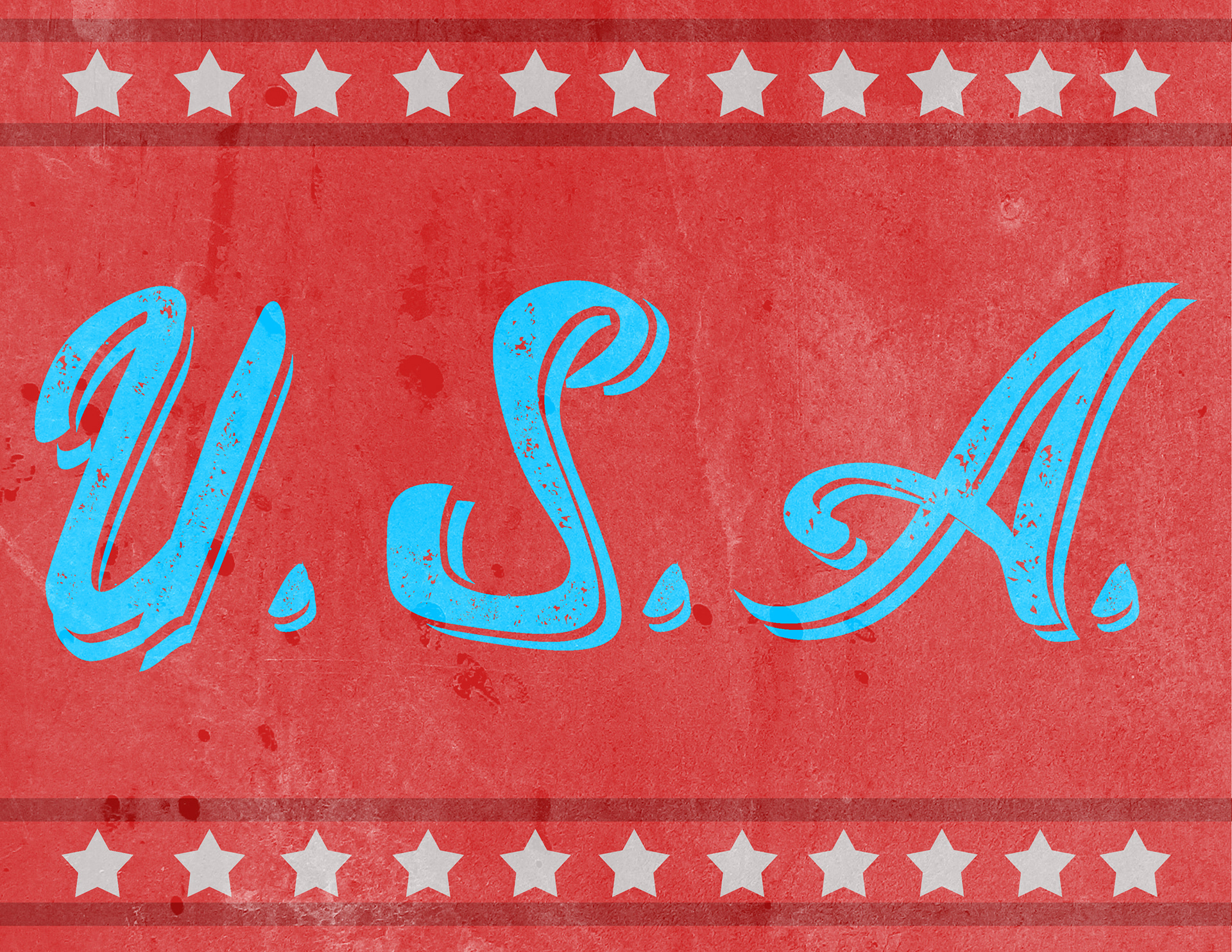The letters "U.S.A" appear in bold cursive font, colored bright blue. A red background. 
