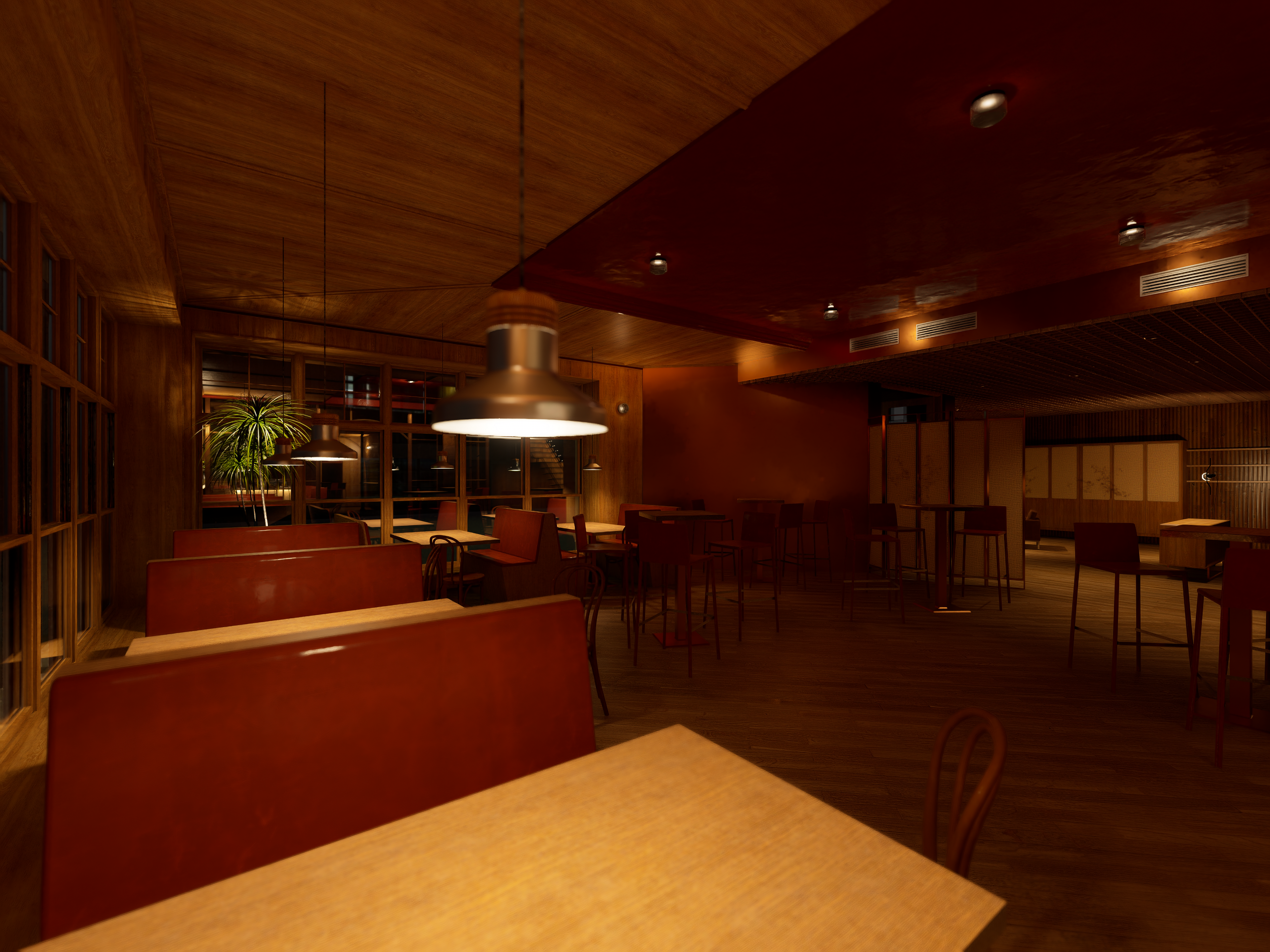 Cocktail bar dining space and floor