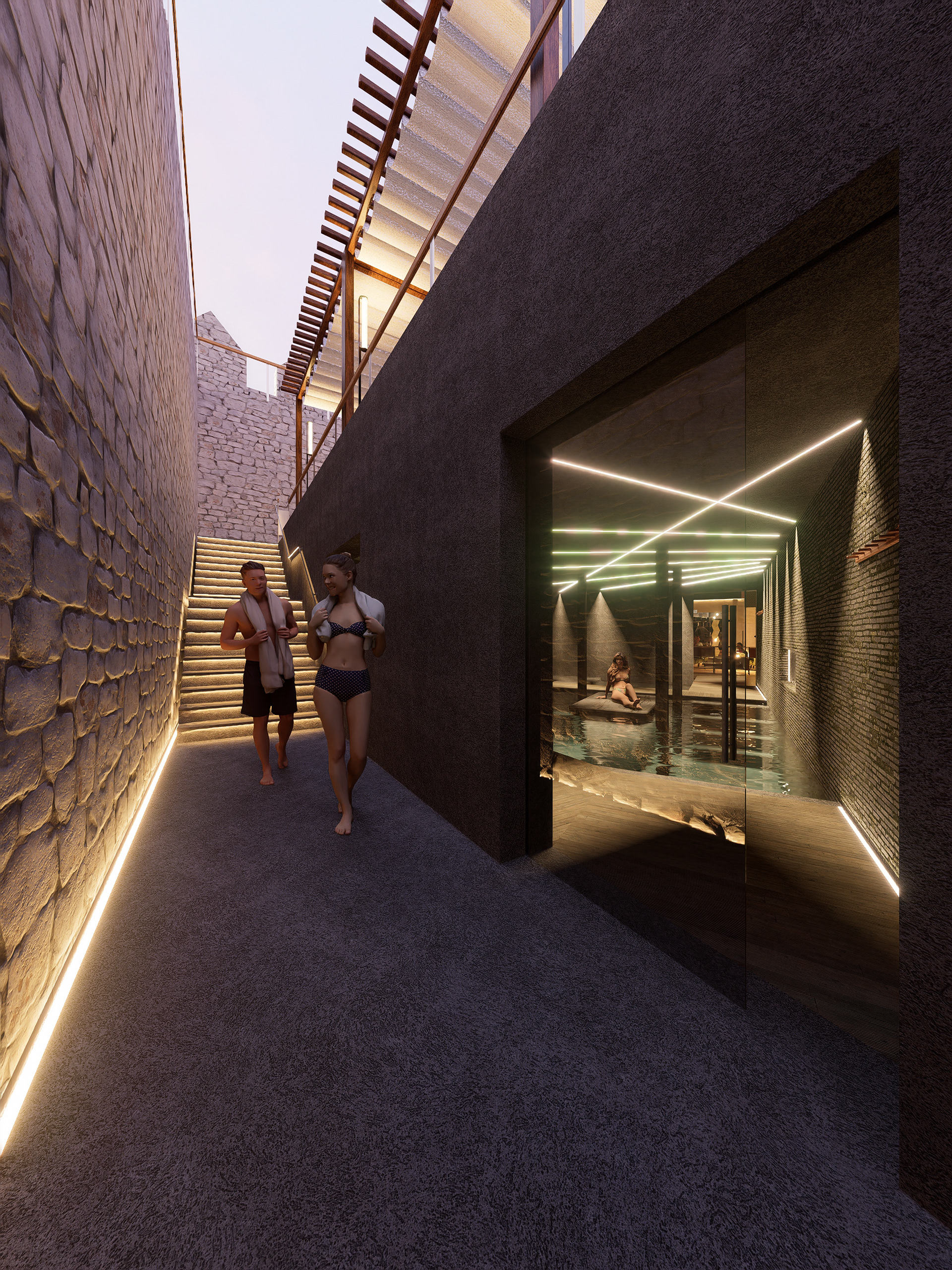 Thermal bathhouse exterior access