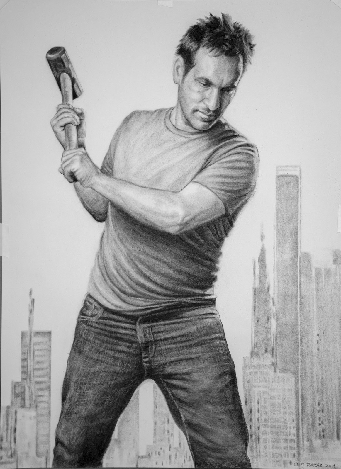 Eloy Torrez, Man with Hammer, charcoal on paper, 30” x 22”