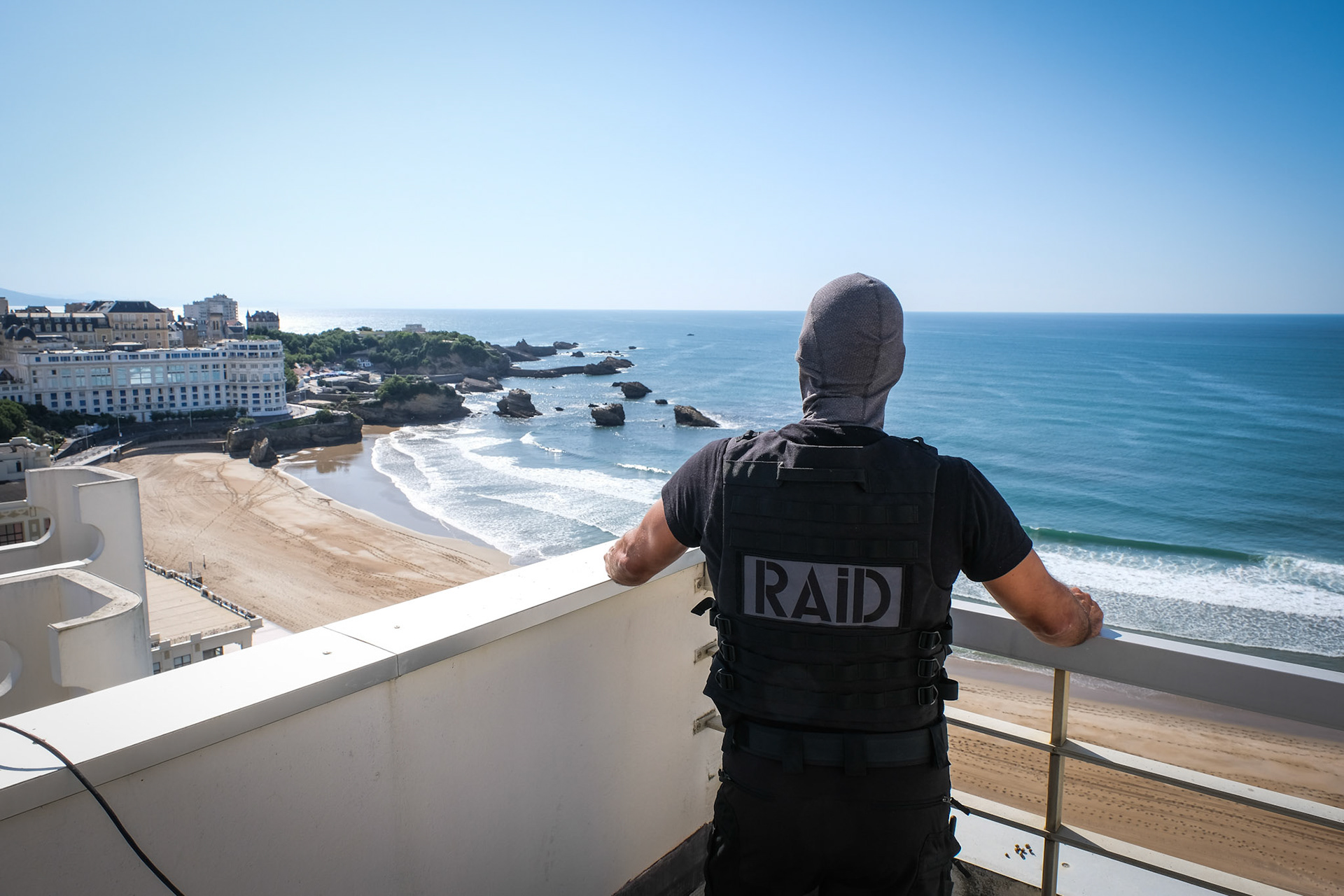 France, Biarritz, 2019-08-25. Raid special police forces in Biarritz for G7 international summit. Photograph by Fred MARIE/ Collectif DR. France, Biarritz, 2019-08-25. Les forces de police du RAID protègent le sommet international du G7 dans le pays Basque. Photographie de Fred MARIE / Collectif DR.