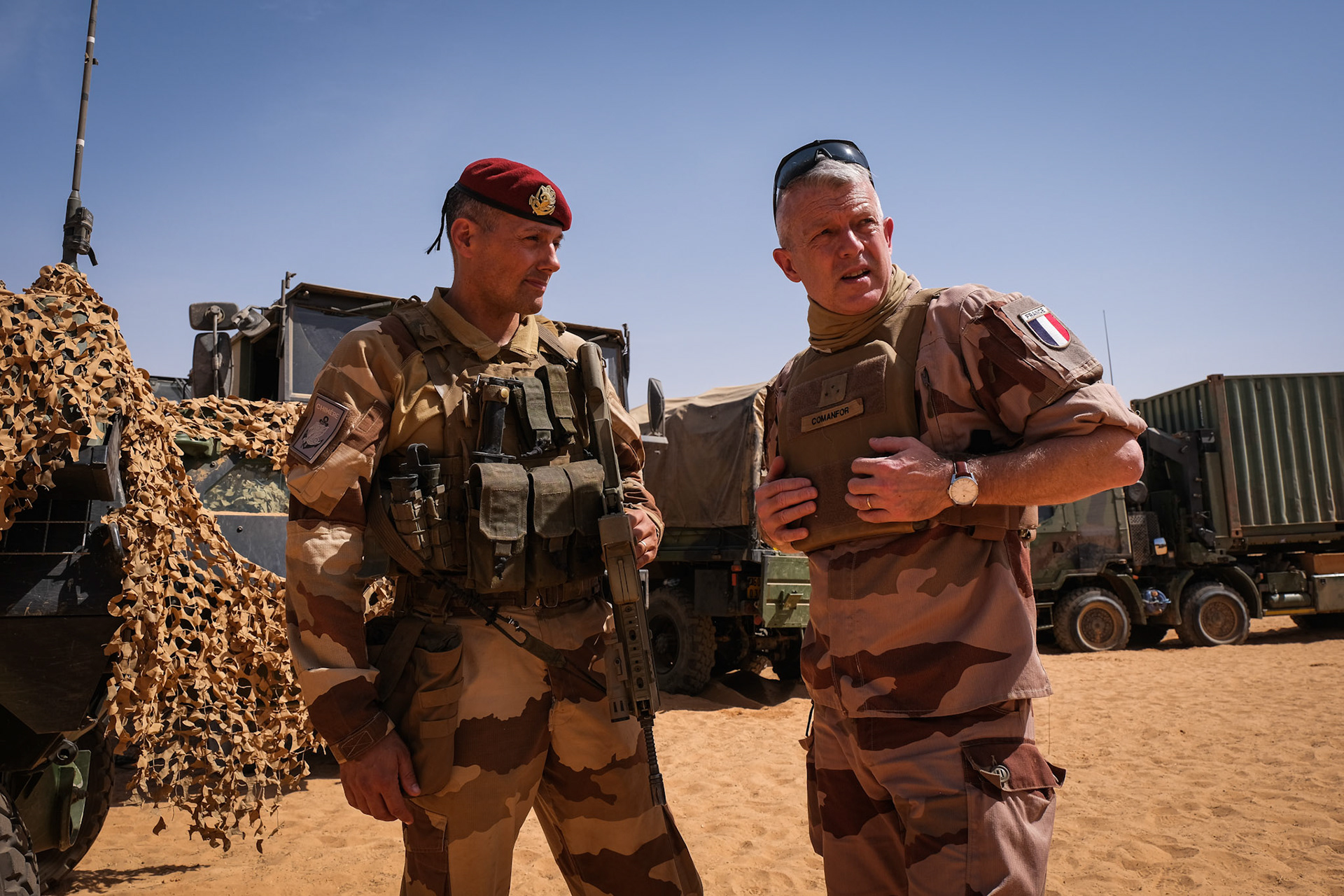 Burkina Faso, april 2021. Visit of General Conruyt, head of Barkhane operation inside a french operational camp.Burkina Faso, avril 2021. Visite du General Conruyt dans une base operationnelle avancee.