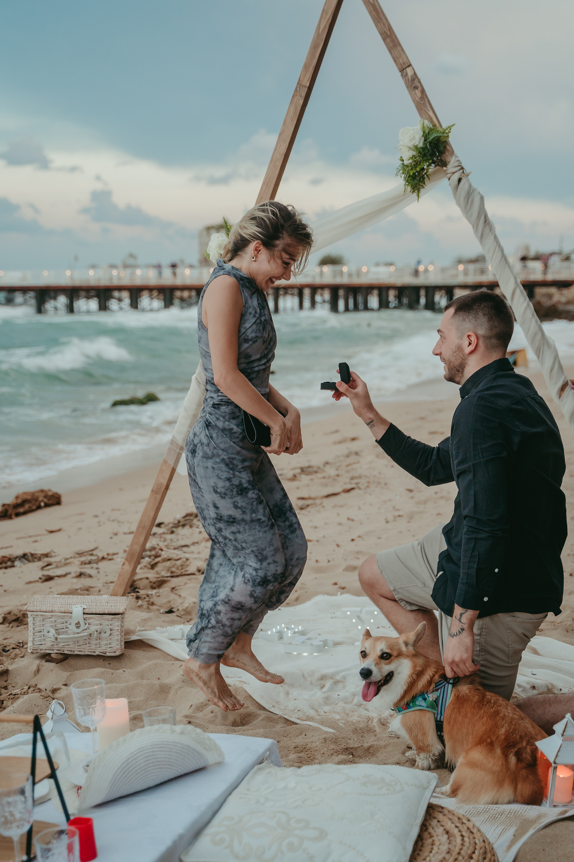 Marriage proposal at the beach with a rustic triangle wooden arch, surrounded by cozy picnic decor and a happy dog – the perfect seaside engagement setup in Europe.