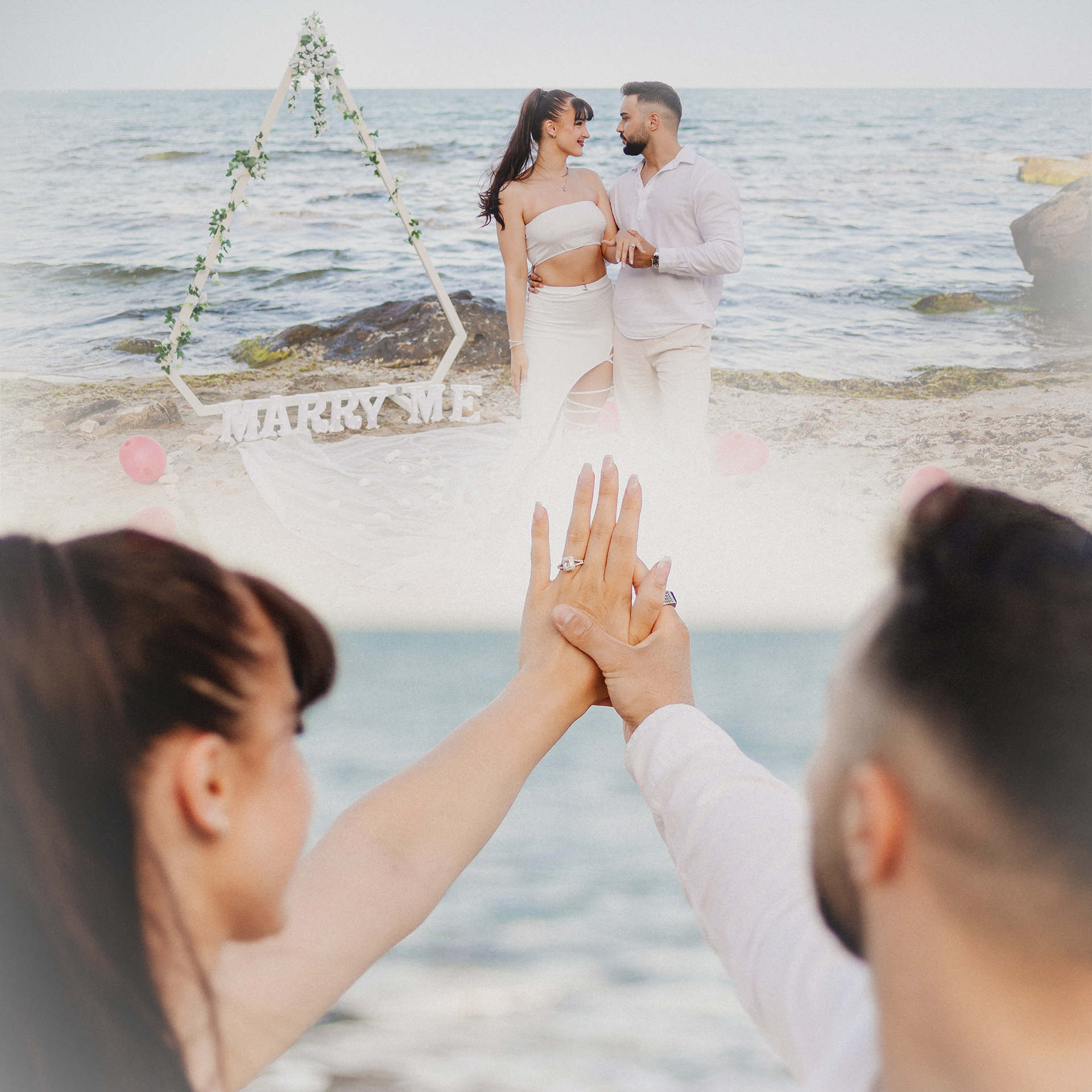 Couple under a diamond wooden arch, mid-proposal moment, with fairy lights and champagne – magical evening setup