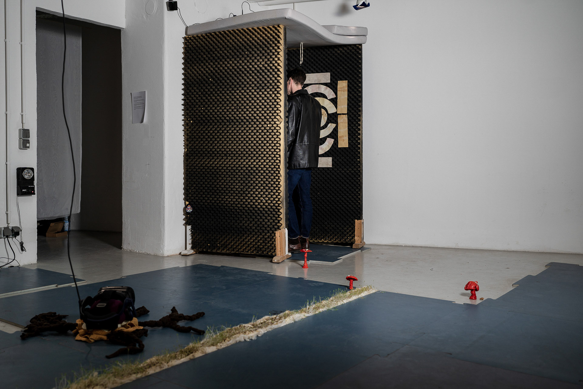 Vomit music from the bucket, sound installation 10 min, stereo sound file, acoustic foam, wood, futon, bluetooth speaker  2 x 0,7 m Neil Luck - music Monika Czyzyk - installation 