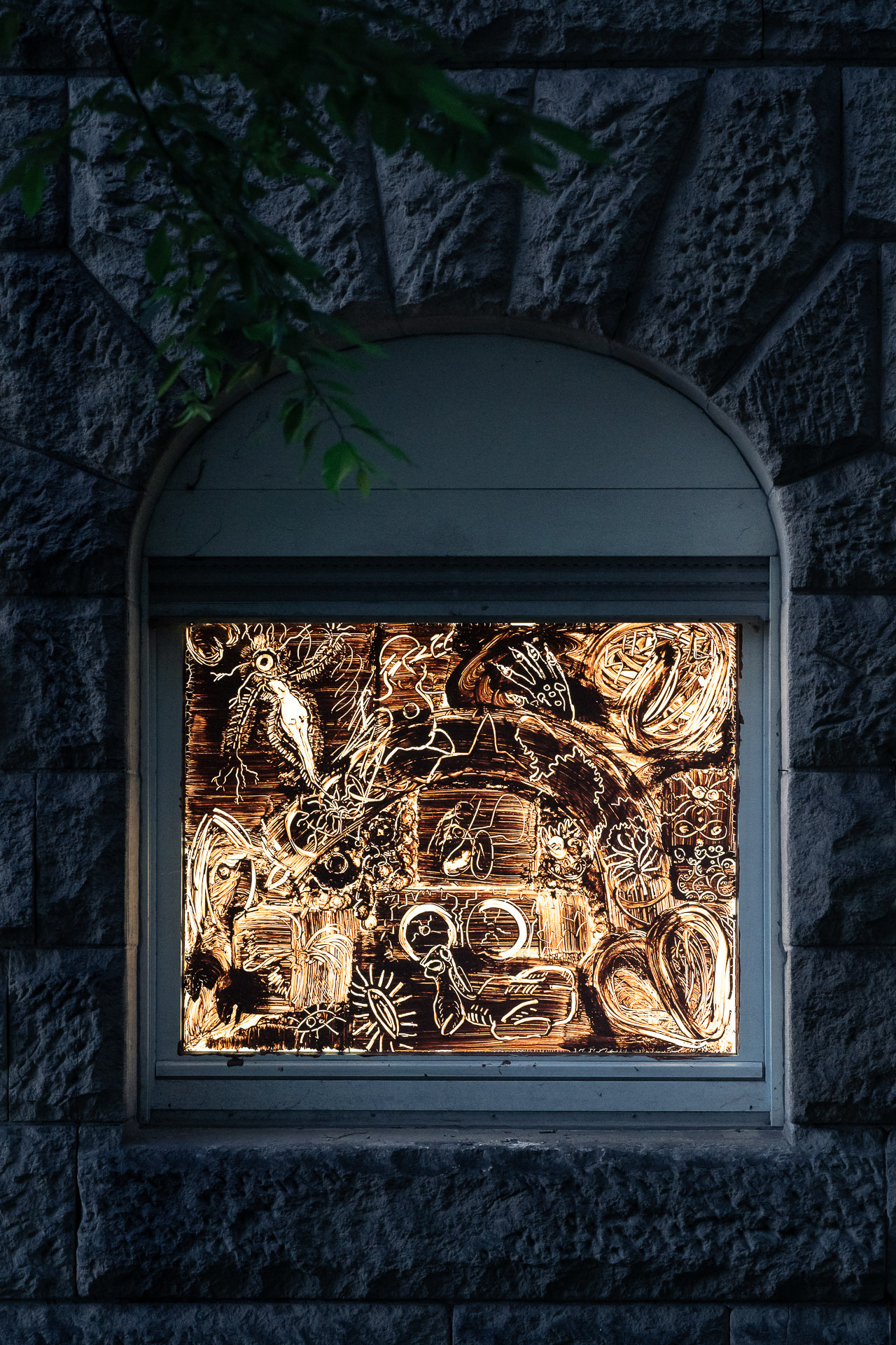 Kapha, Vata, Pitta, 2023, paintings on windows, clay, wheat glue.