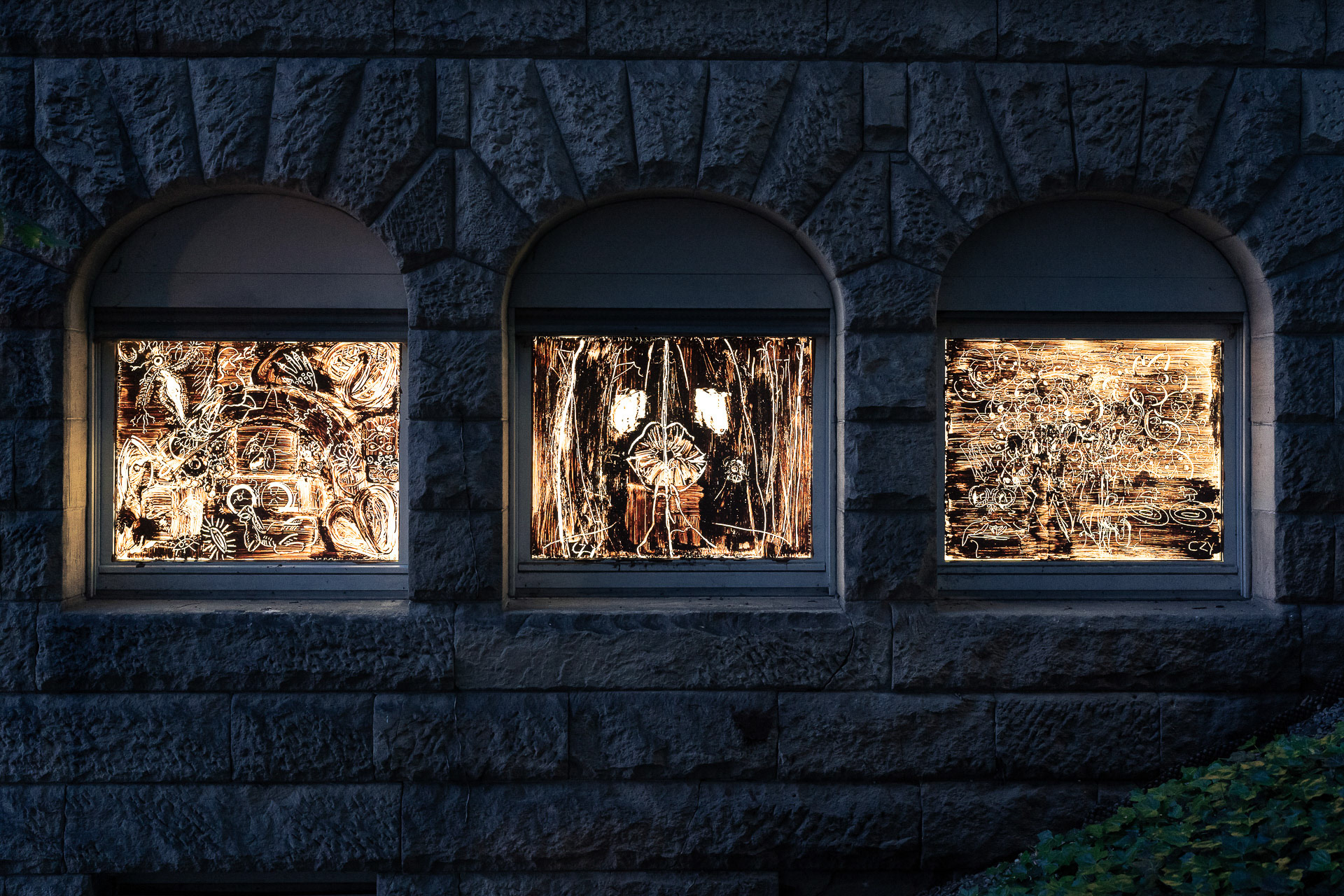 Kapha, Vata, Pitta, 2023, paintings on windows, clay, wheat glue.