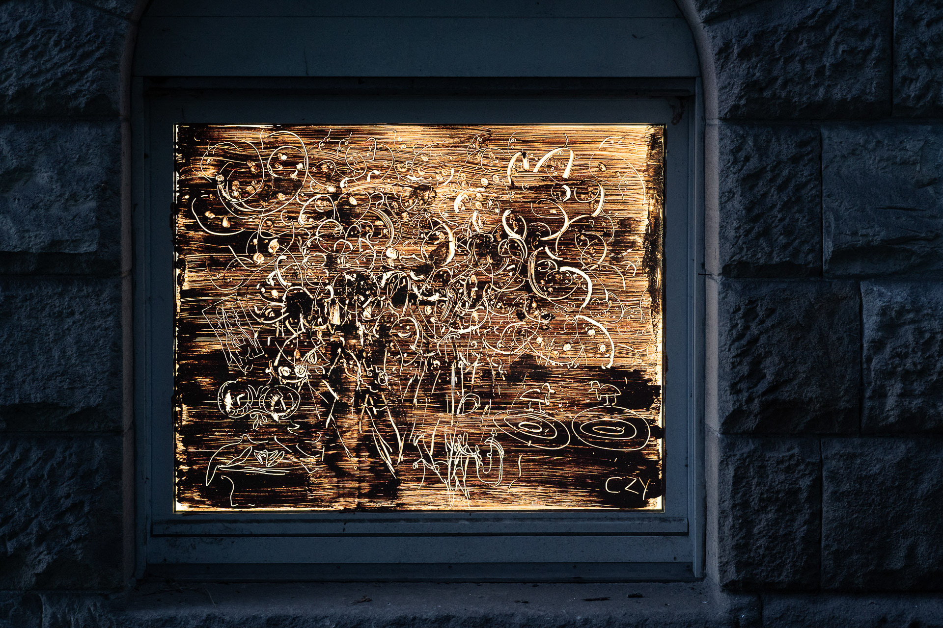 Vata, 2023, paintings on windows, clay, wheat glue.