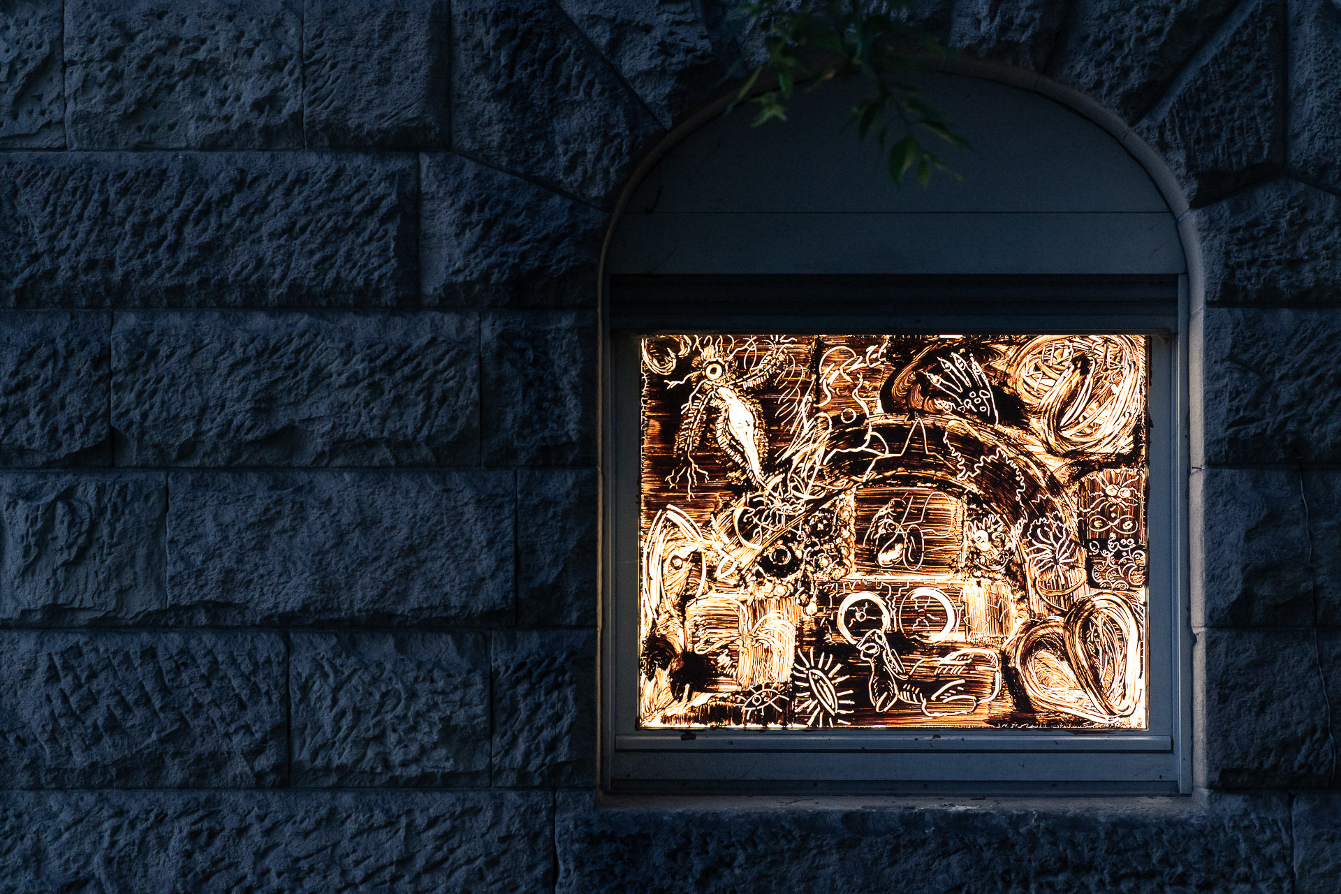  Pitta, 2023, paintings on windows, clay, wheat glue.