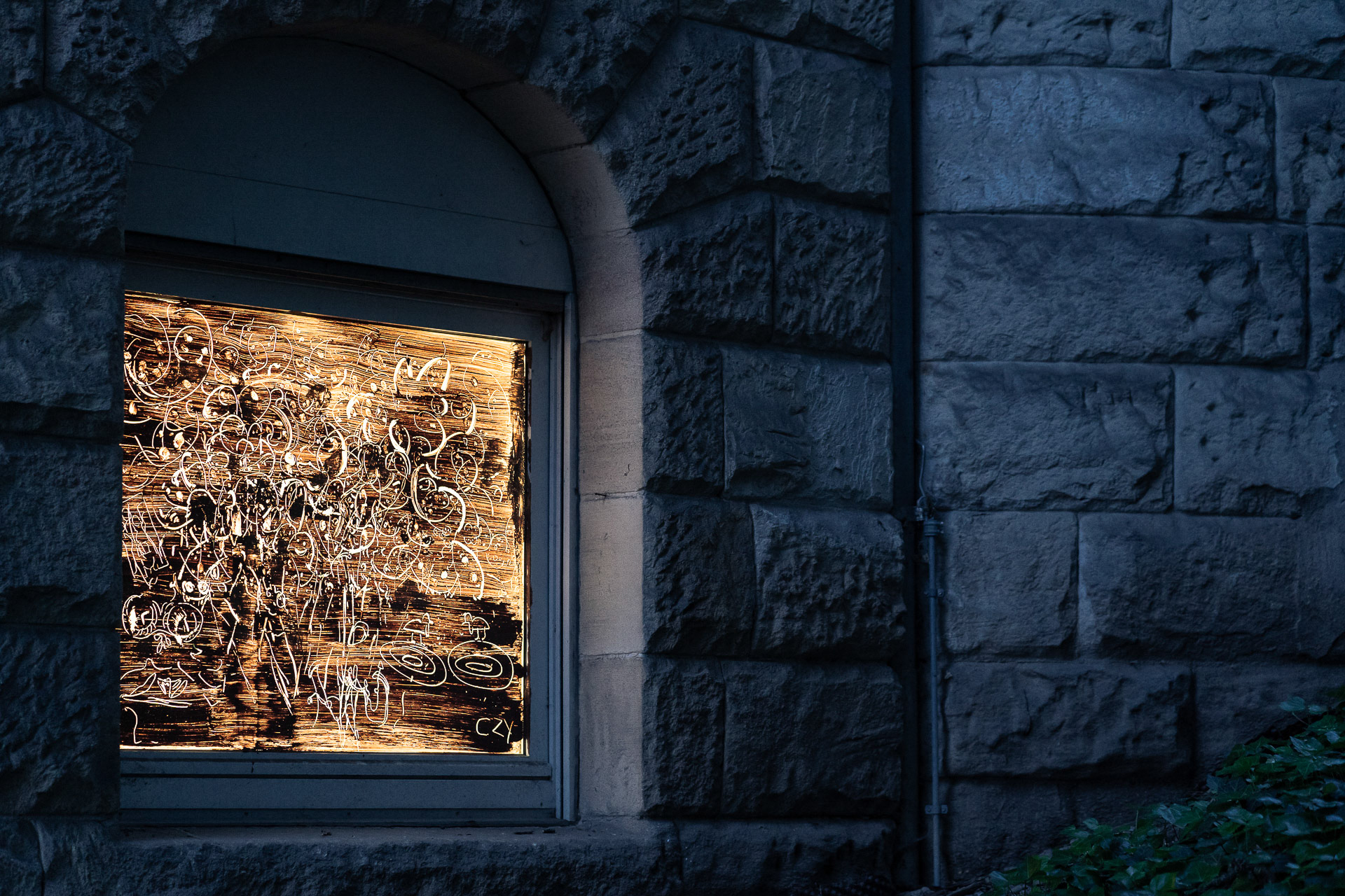  Vata, 2023, paintings on windows, clay, wheat glue.