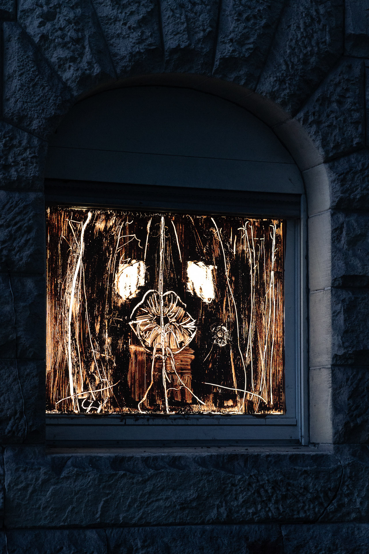 Kapha, 2023, paintings on windows, clay, wheat glue.