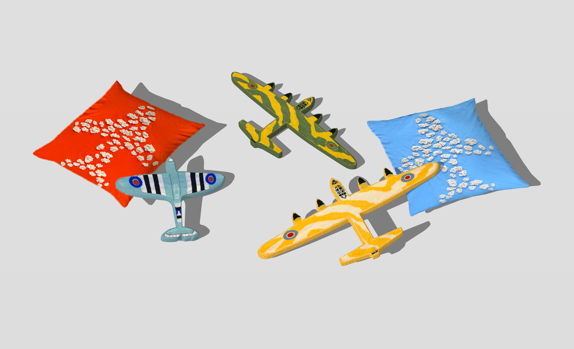 Square Pillows: 18" x 18", Blue Plane: 15.5" x 13", Green Plane: 28" x 14", Yellow Plane 28” x 14”