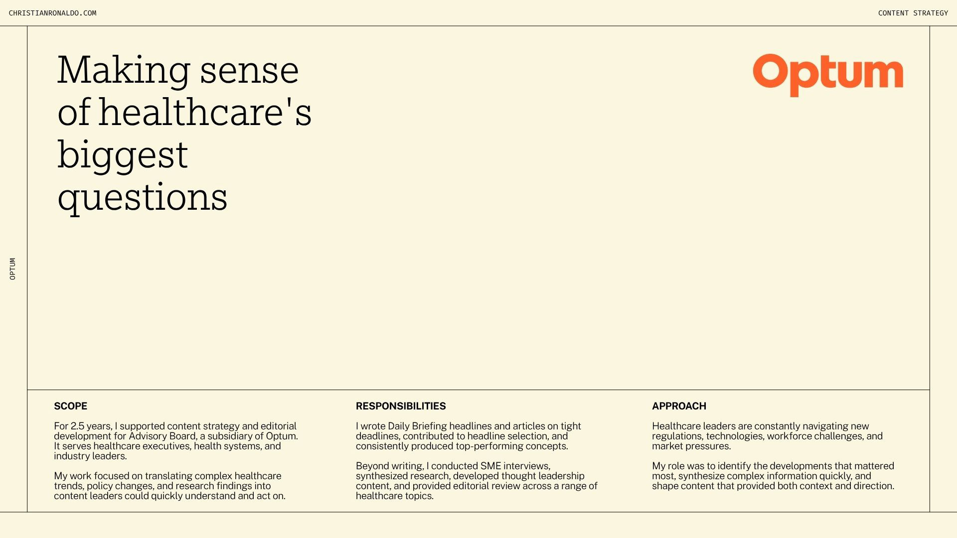 Optum Advisory Board content strategy case study highlighting editorial strategy, healthcare communications, and executive-facing content development for healthcare leaders.