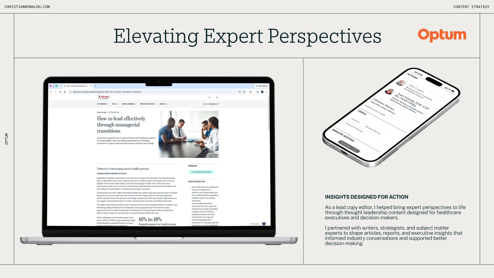 Thought leadership content developed for Optum Advisory Board, featuring credited copyediting support and editorial collaboration on healthcare insights designed for executive audiences and decision-makers.