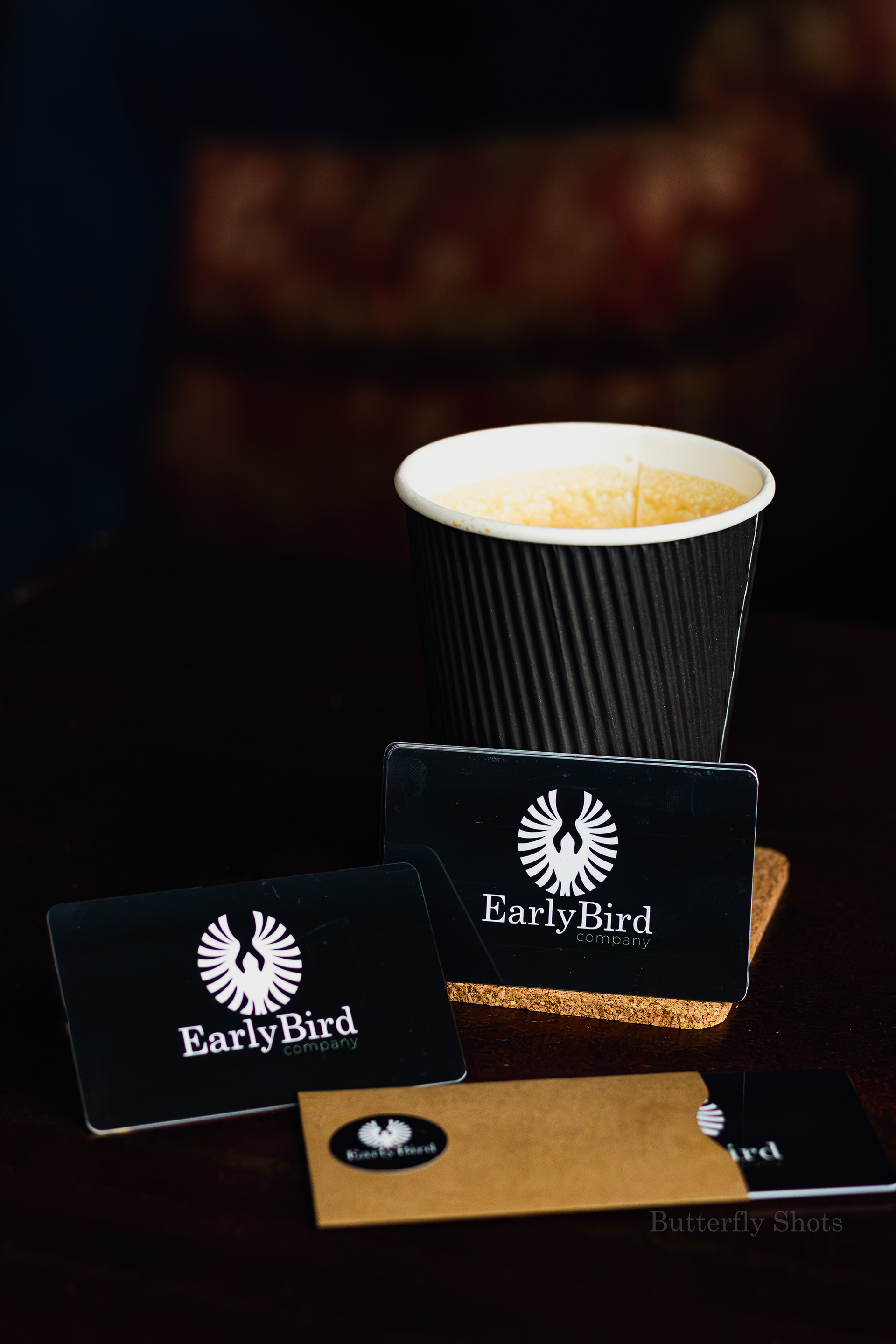 Product photography of a coffee with gift card