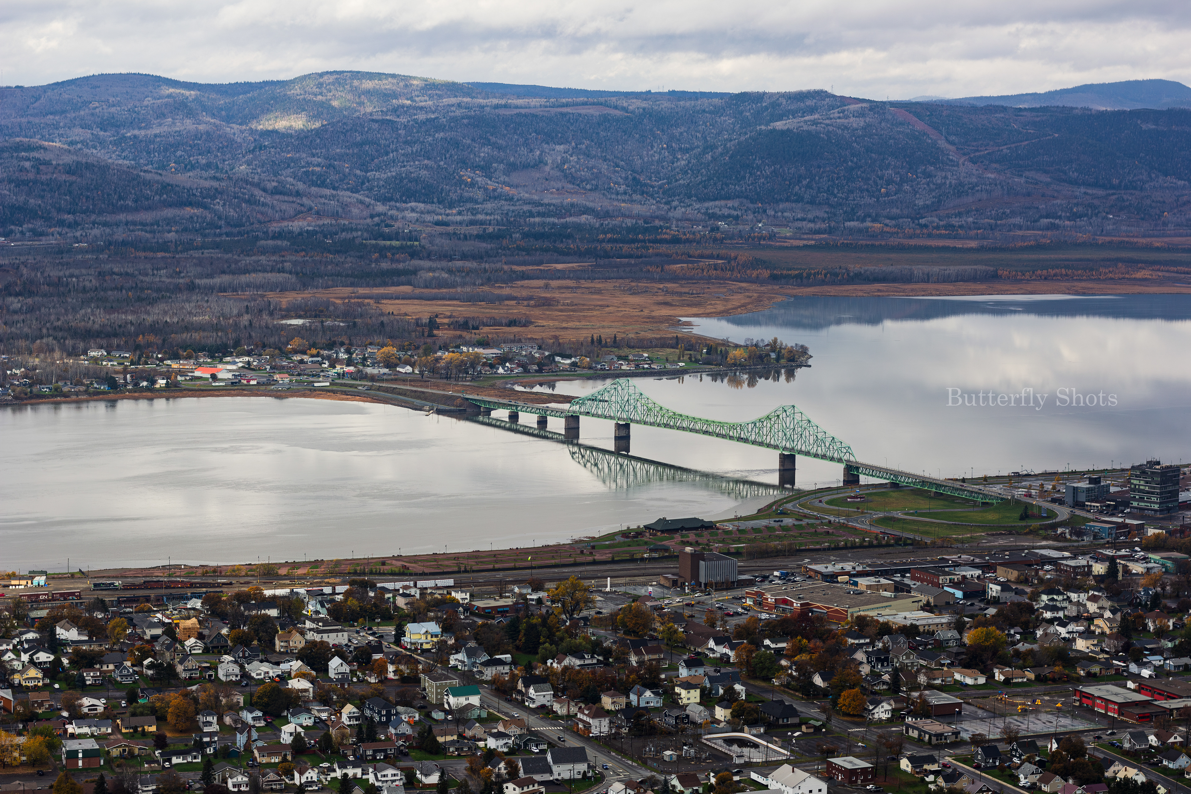 Landscape photography of the Van Horne bridge from the top of the Sugarloaf mountain in Atholville New-Brunswick