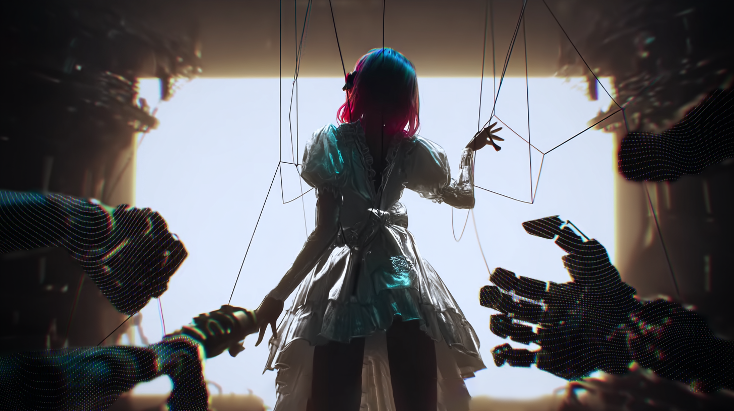 Prompt: The back of the marionette, full body, A marionette with bright red hair and a silver Lolita-style long dress, a machine robot huge hands using the marionette, dim lighting, and backlighting, geometrically, calligraphy style, webcam photography,primitivist frenzy, 8k --ar 16:9 --stylize 200 --iw 1.5 --raw