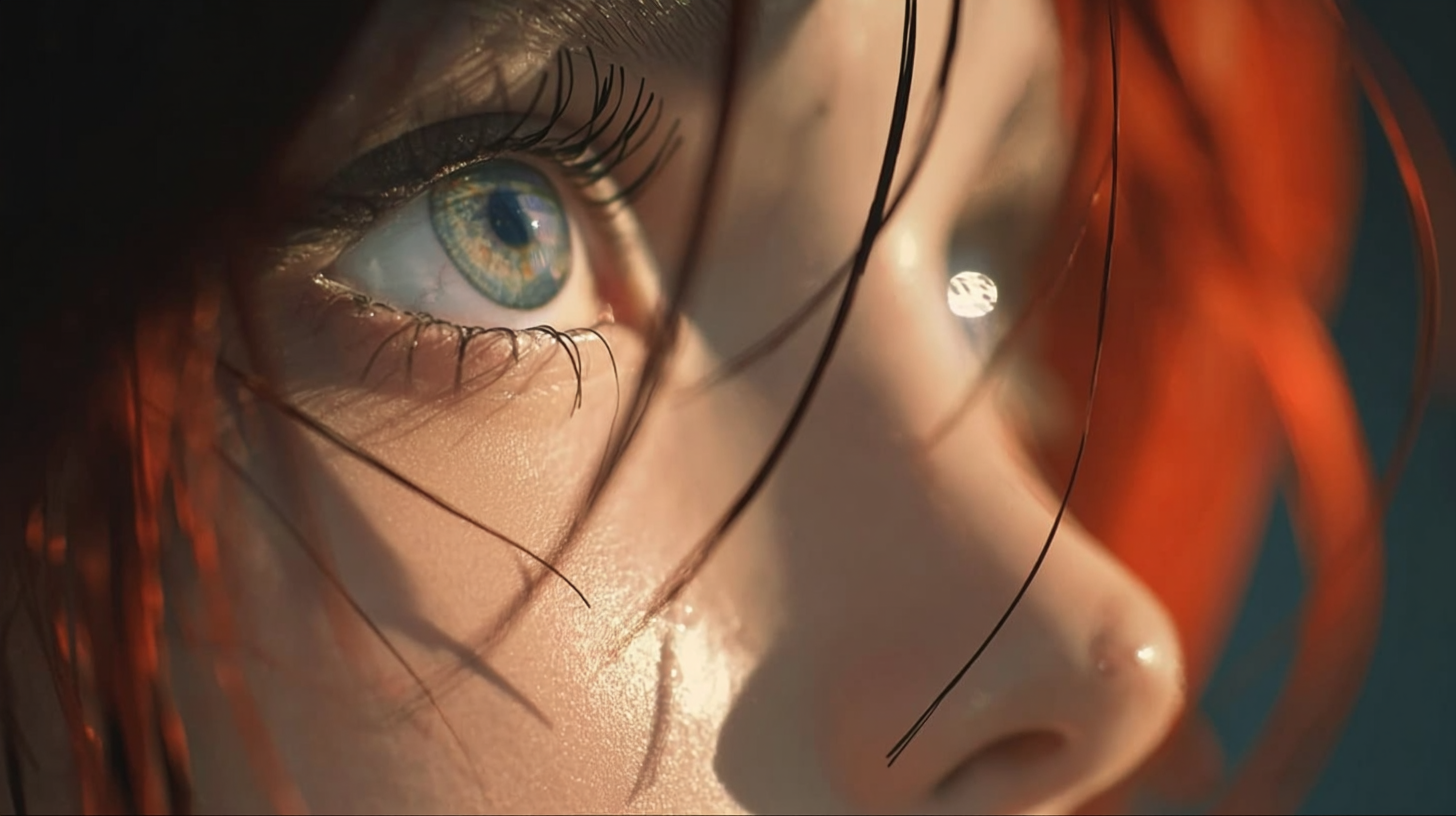 Prompt: close shot on eye, A girl with bright red hair and green eye, surprise, looking at the sunshine, dreamy, light, bright shine, webcam photography, primitivist frenzy, 8k --ar 16:9 --stylize 200 --iw 1.5 --raw