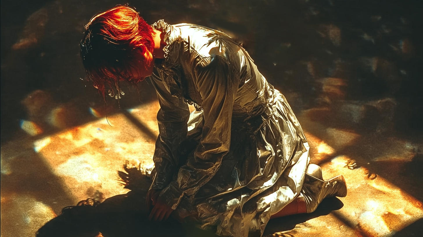 Prompt: A marionette with bright red hair and a silver Lolita-style long dress, the clothes have metallic elements, She knelt on the ground in pain, dim lighting, and backlighting, geometrically, calligraphy style, webcam photography, primitivist frenzy, 8k --ar 16:9 --stylize 200 --iw 1.5 --raw