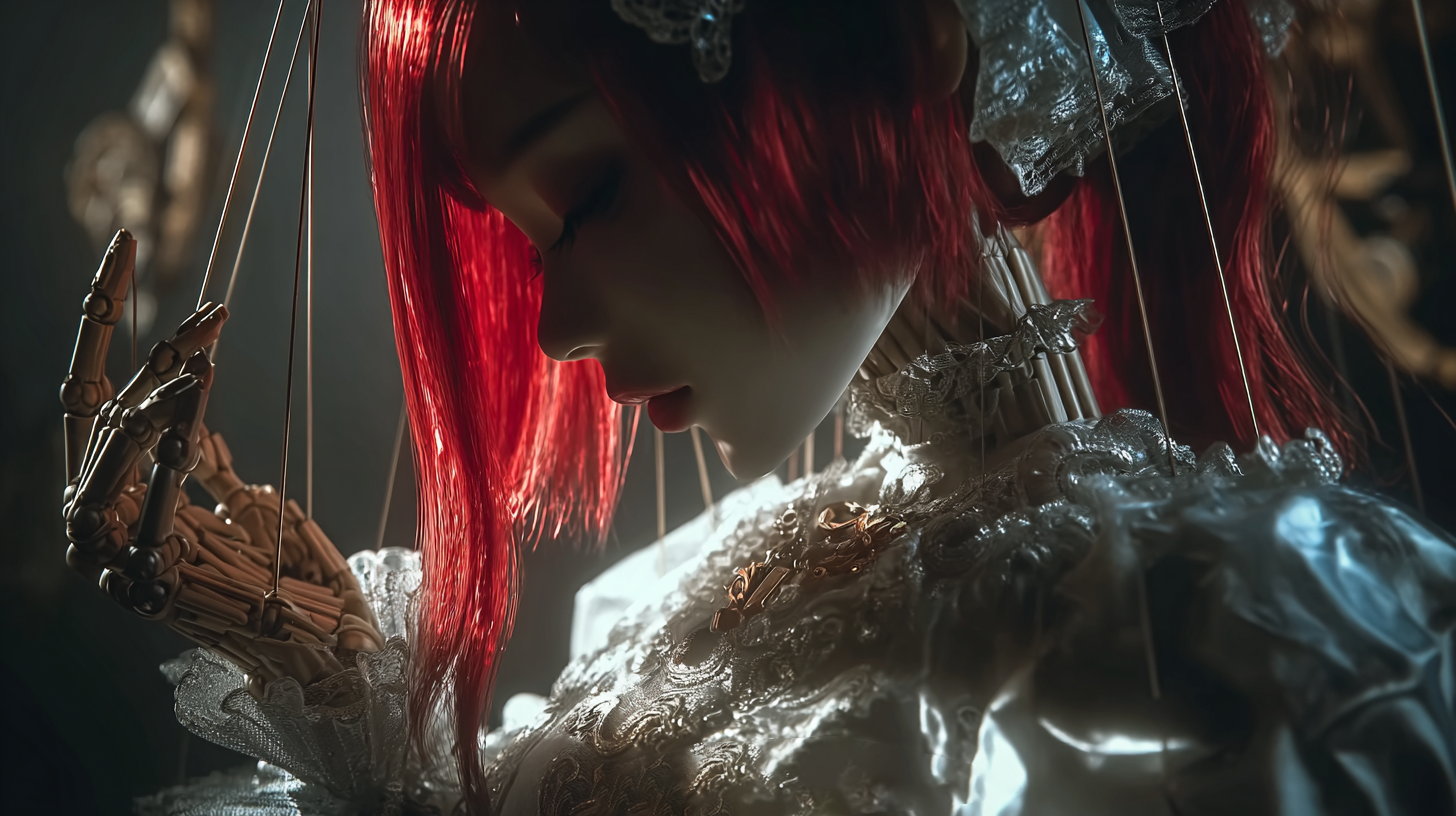 Prompt: close up shot on machine hand and a marionette with bright red hair and a silver Lolita-style long dress, dim lighting, and backlighting, geometrically, calligraphy style, webcam photography, primitivist frenzy, 8k --ar 16:9 --stylize 200 --iw 1.5 --raw