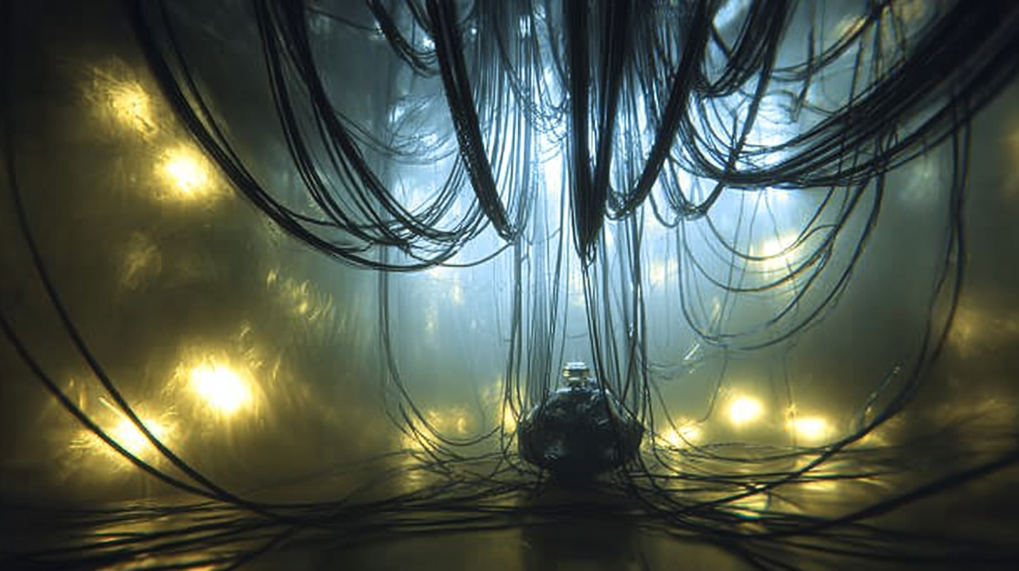 Prompt: cables, dim lighting, and backlighting, geometrically, calligraphy style, webcam photography, primitivist frenzy, 8k --ar 16:9 --stylize 200 --iw 1.5 --raw