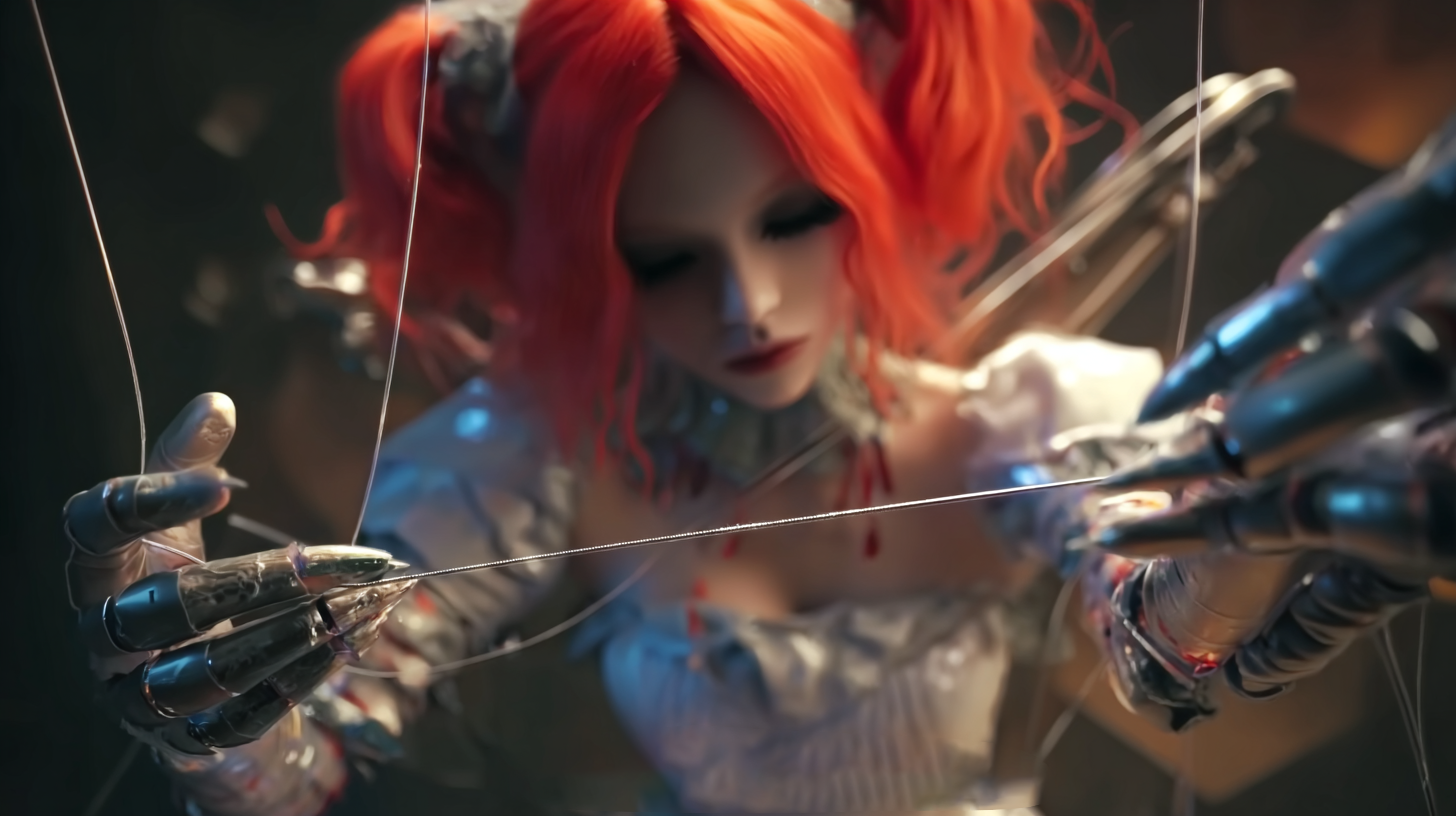 Prompt: A marionette with bright red hair and a silver Lolita-style long dress, the clothes have metallic elements, a machine robot huge hands using the marionette, dim lighting, and backlighting, the eyes are hollow and white, and the hands hold mechanical pens, geometrically, calligraphy style, webcam photography, primitivist frenzy, 8k --ar 16:9 --stylize 200 --iw 1.5 --raw