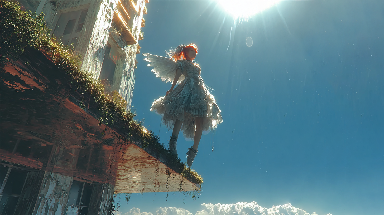 Prompt: A girl with bright red hair and a silver Lolita-style long dress, full body shot, and green eye, looking at the sunshine, dreamy, light, bright shine, webcam photography, primitivist frenzy, 8k --ar 16:9 --stylize 200 --iw 1.5 --raw