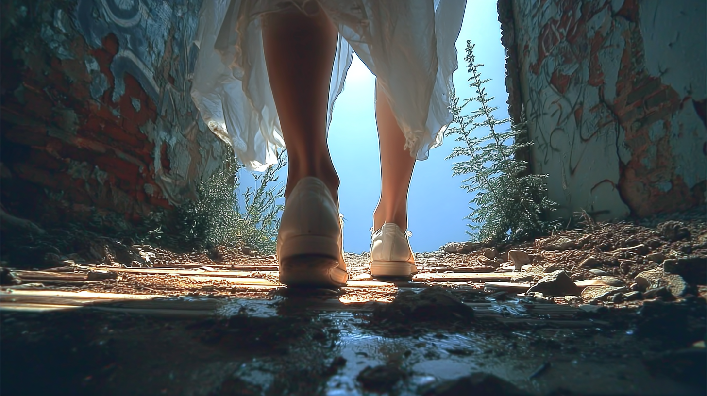 Prompt: close up shot on foot, White low-heeled leather shoes, and white long dress, walk in broken building to the sky outside, light, dim lighting, geometrically, calligraphy style, webcam photography, primitivist frenzy, 8k --ar 16:9 --stylize 200 --iw 1.5 --raw