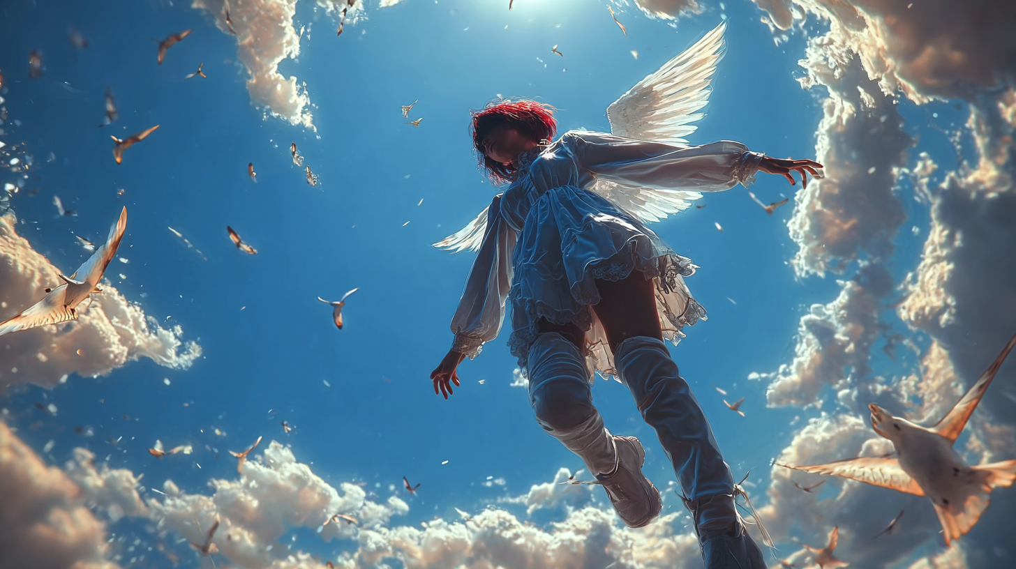 Prompt: Wild shot, a girl with bright red hair and a silver Lolita-style long dress, with a big white wings on her back, falling from sky, dreamy, light, bright shine, some birds around, webcam photography, primitivist frenzy, 8k --ar 16:9 --stylize 200 --iw 1.5 --raw