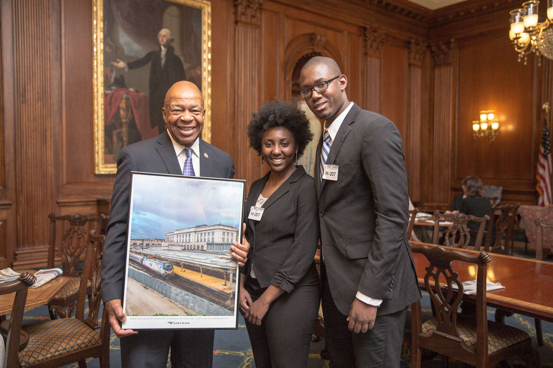 AMTRAK Interns from Moragn State take a trip to Captial Hill to meet Congressman Elijah E Cummings of Maryland's 7th District. Congressman Elijah E. Cummings was born and raised in Baltimore, Maryland, where he still resides today. He obtained his Bachelor’s Degree in Political Science from Howard University, serving as Student Government President and graduating Phi Beta Kappa, and then graduated from the University of Maryland School of Law. Congressman Cummings has also received 11 honorary doctoral degrees from Universities throughout the nation.