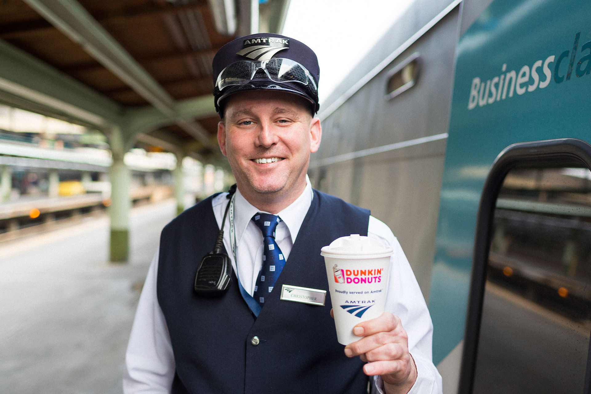 Amtrak partners with Dunkin' Donuts coffee on the Acela Express NEC service.Acela, Dunkin' Donuts