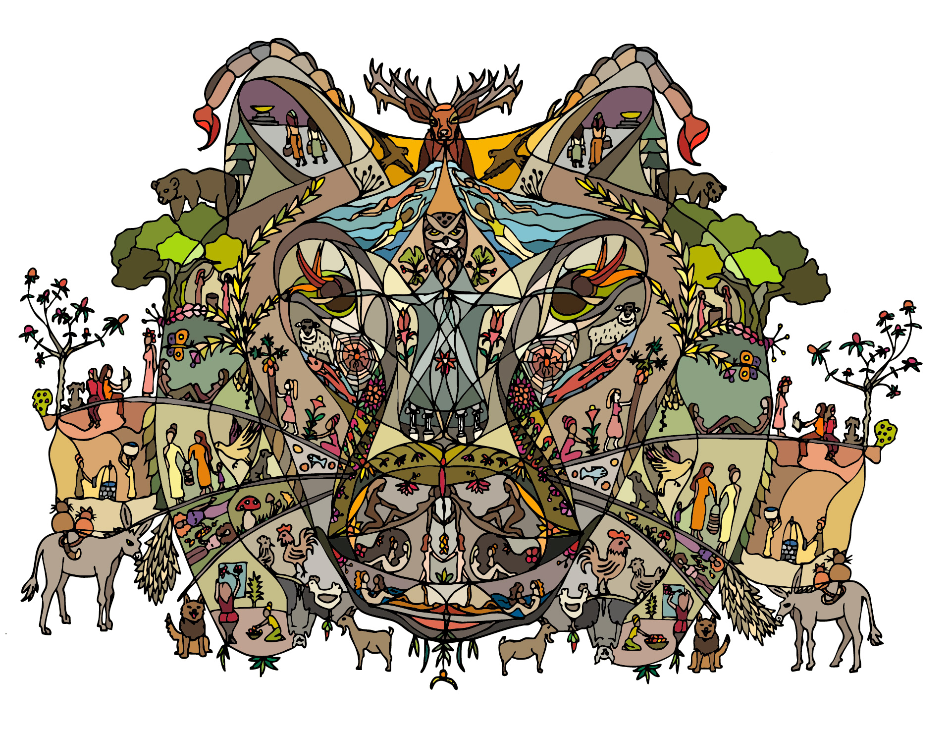 Das Tor der Freiheit. Ein Gesicht in dem viele verschiedene Szenarien mit Frauen, Tieren und Pflanzen dargestellt sind. Illustration von Eva Stöflin