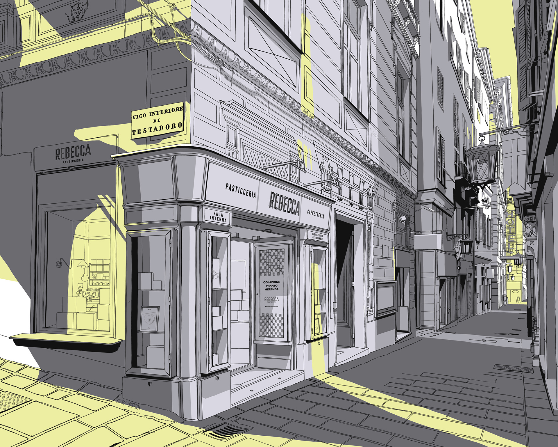 Studio dei valori tonali per la distribuzione delle ombre di un’illustrazione raffigurante il paesaggio urbano all’esterno della pasticceria Rebecca a Genova. Realizzata a colori con Procreate e Photoshop, interpretando lo stile della linea chiara.