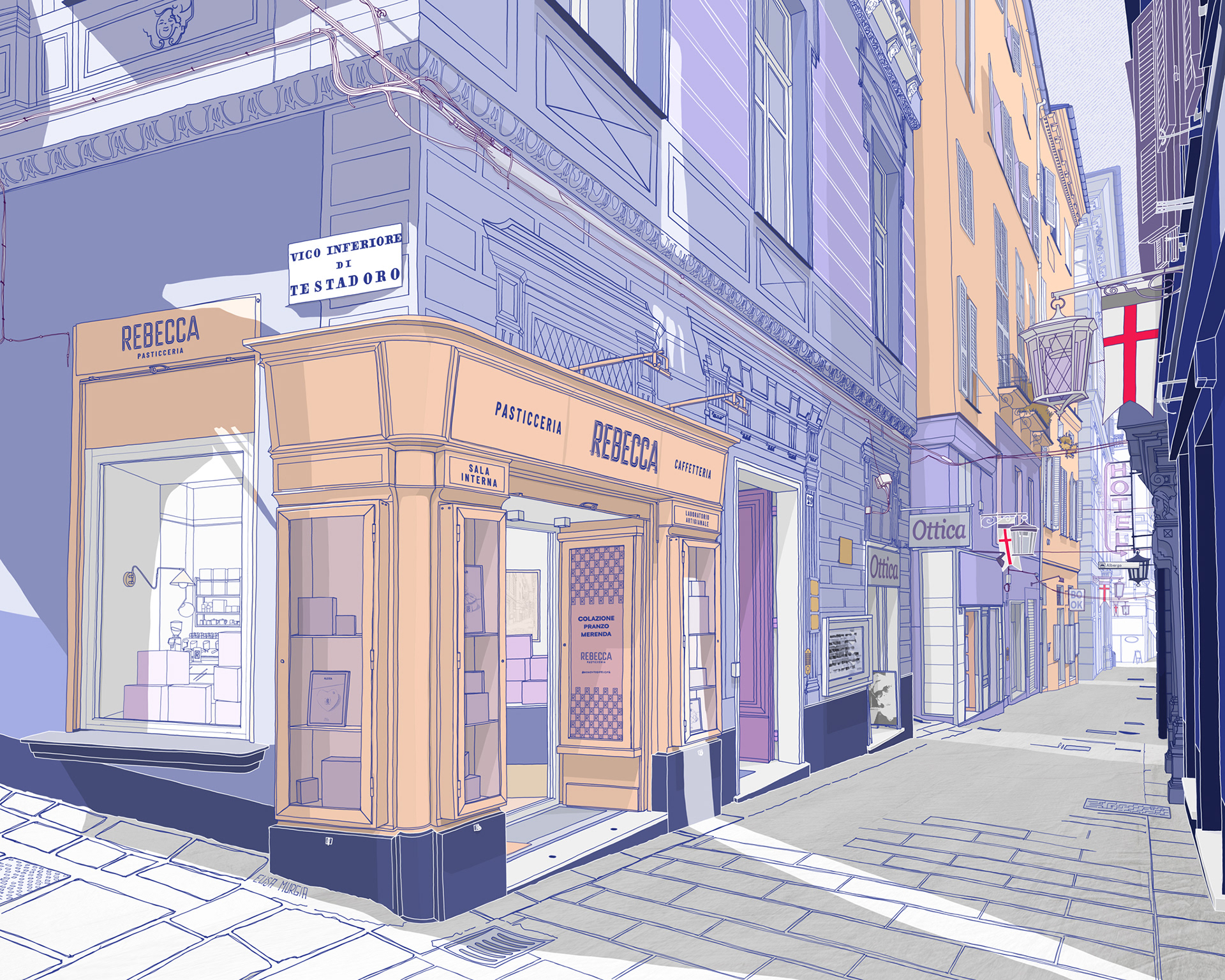 Illustrazione raffigurante il paesaggio urbano all’esterno della pasticceria Rebecca a Genova. Realizzata a colori con Procreate e Photoshop, interpretando lo stile della linea chiara.