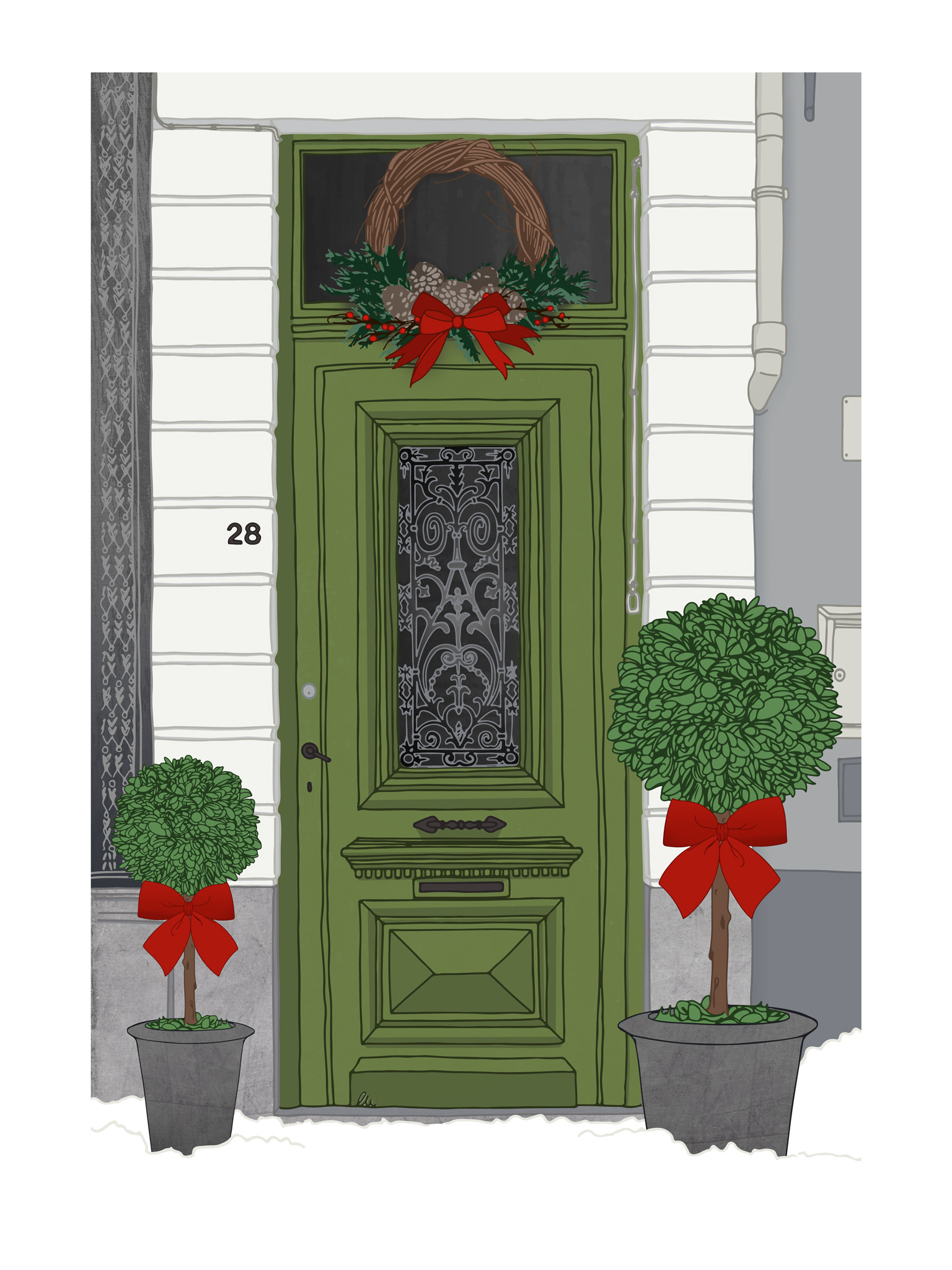 Edizione natalizia di un’illustrazione digitale a colori raffigurante il portoncino verde brillante del civico 28 di Mariastraat a Brugge (Belgio), posizionato al centro dell’inquadratura. Presenta decorazioni e intarsi in legno, una buca per le lettere e maniglie dorate al centro e sul lato sinistro, e nella parte superiore due vetrate: la prima decorata con motivi floreali in ferro battuto, le seconda, al di sopra del varco, è un semplice vetro a buccia d’arancia. Sulla destra un vecchio campanello sospeso. Appesa sul vetro più in alto c’è una ghirlanda di pigne e biancospino con un grosso fiocco rosso al centro nella parte inferiore del cerchio. Davanti al portoncino il marciapiede è ricoperto di neve bianca e alla destra e alla sinistra del varco sono disegnati due alberelli in vaso, potati a forma di sfera e decorati con un fiocco rosso alla base delle foglie. Ai lati il bugnato dell’edificio, una piccola porzione del negozio sulla sinistra, tubature e altri piccoli elementi elettrici.