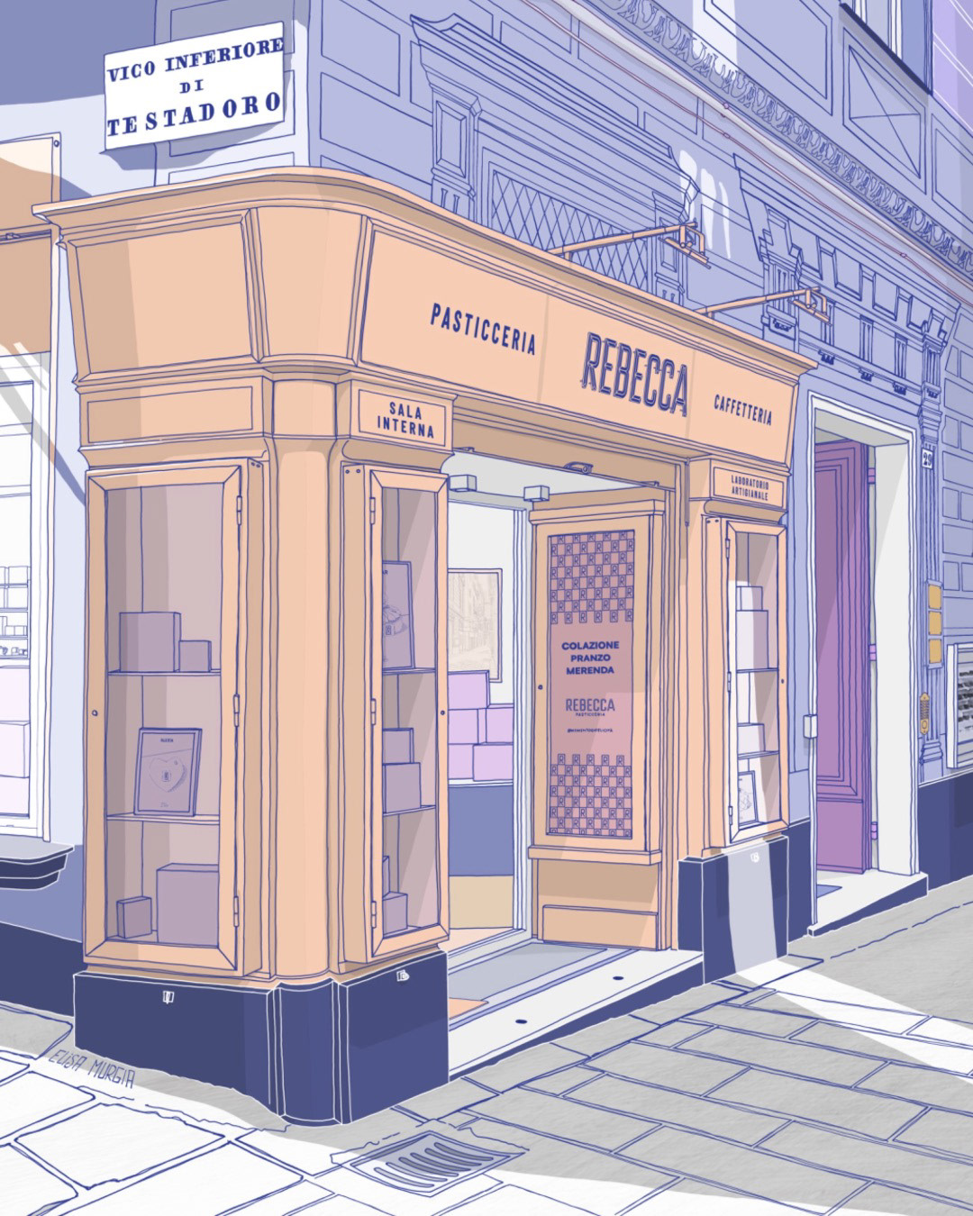 Illustrazione raffigurante il paesaggio urbano all’esterno della pasticceria Rebecca a Genova, focus sulle vetrine. Realizzata a colori con Procreate e Photoshop, interpretando lo stile della linea chiara.