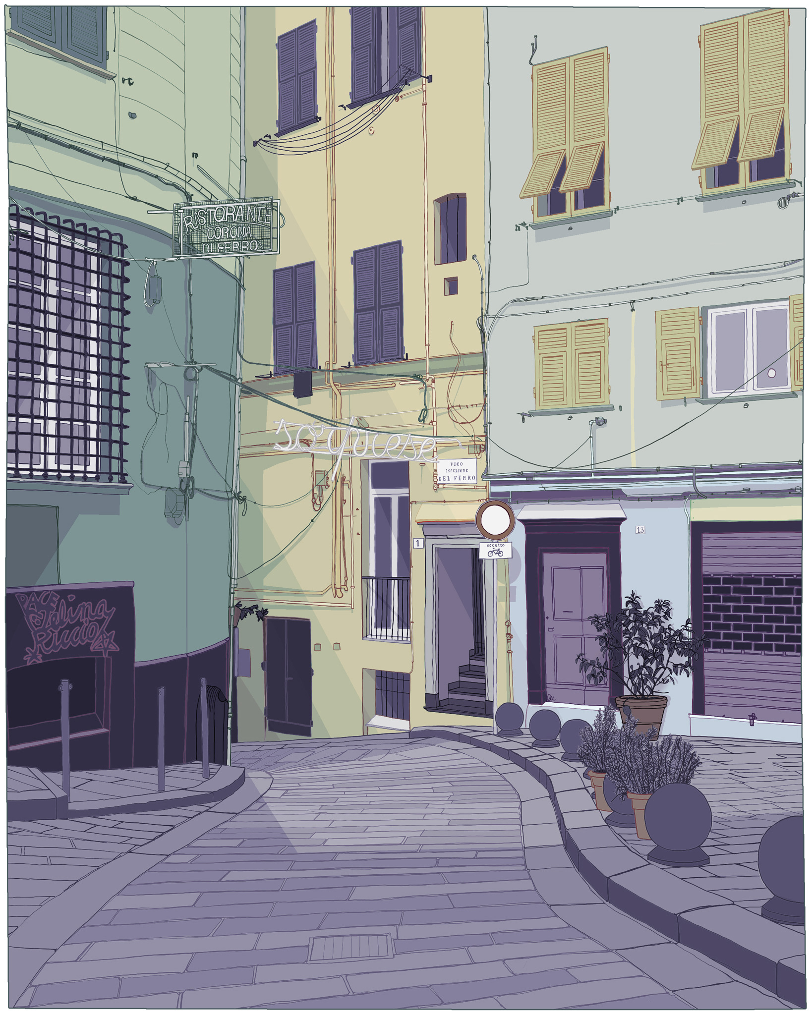 Illustrazione dai colori surreali di uno scorcio raffigurante una porzione della strada mattonata in discesa e parte dei tre edifici circostanti in Vico Inferiore del Ferro a Genova. Un insieme di persiane alla genovese, finestre protette da vecchie inferriate, ingressi privati, la saracinesca di un negozio chiuso, intrico di cavi elettrici, l'insegna del ristorante Corona di Ferro e una luminaria del Comune di Genova che riporta la parola “sorprese” realizzata con strisce Led bianche. I colori dell’illustrazione sono stati modificati per ottenere una palette dai colori freddi e tonalità di verde acido, viola e blu.