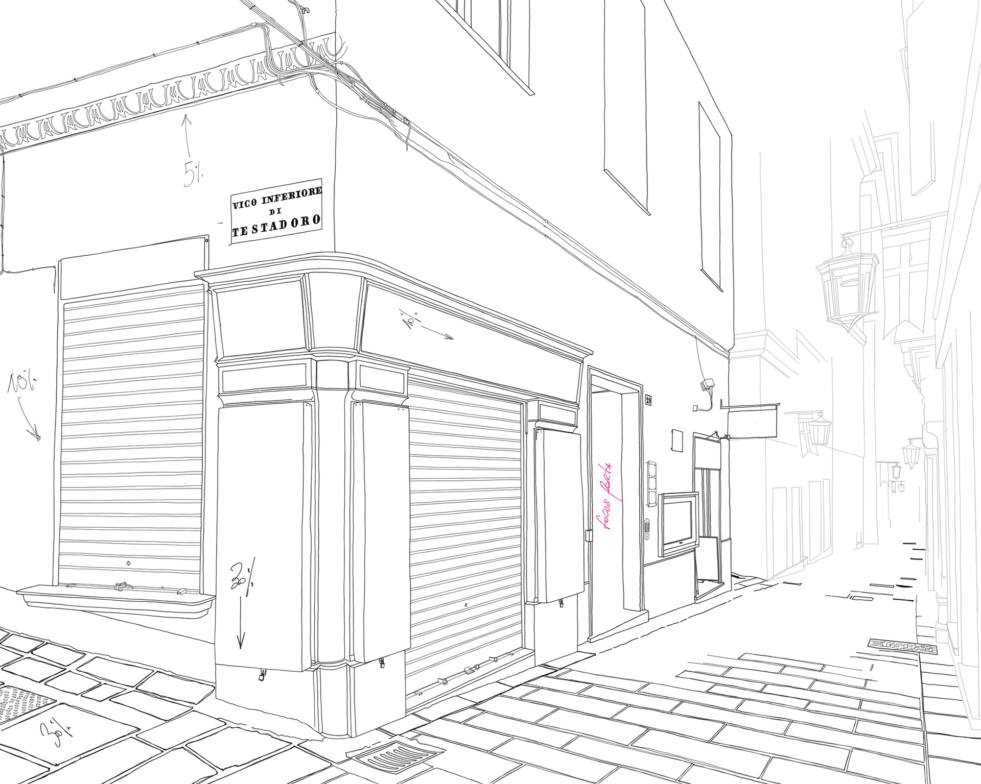 Work in progress della realizzazione delle linee per illustrare il paesaggio urbano all’esterno della pasticceria Rebecca a Genova. Realizzazione con Procreate interpretando lo stile della linea chiara.