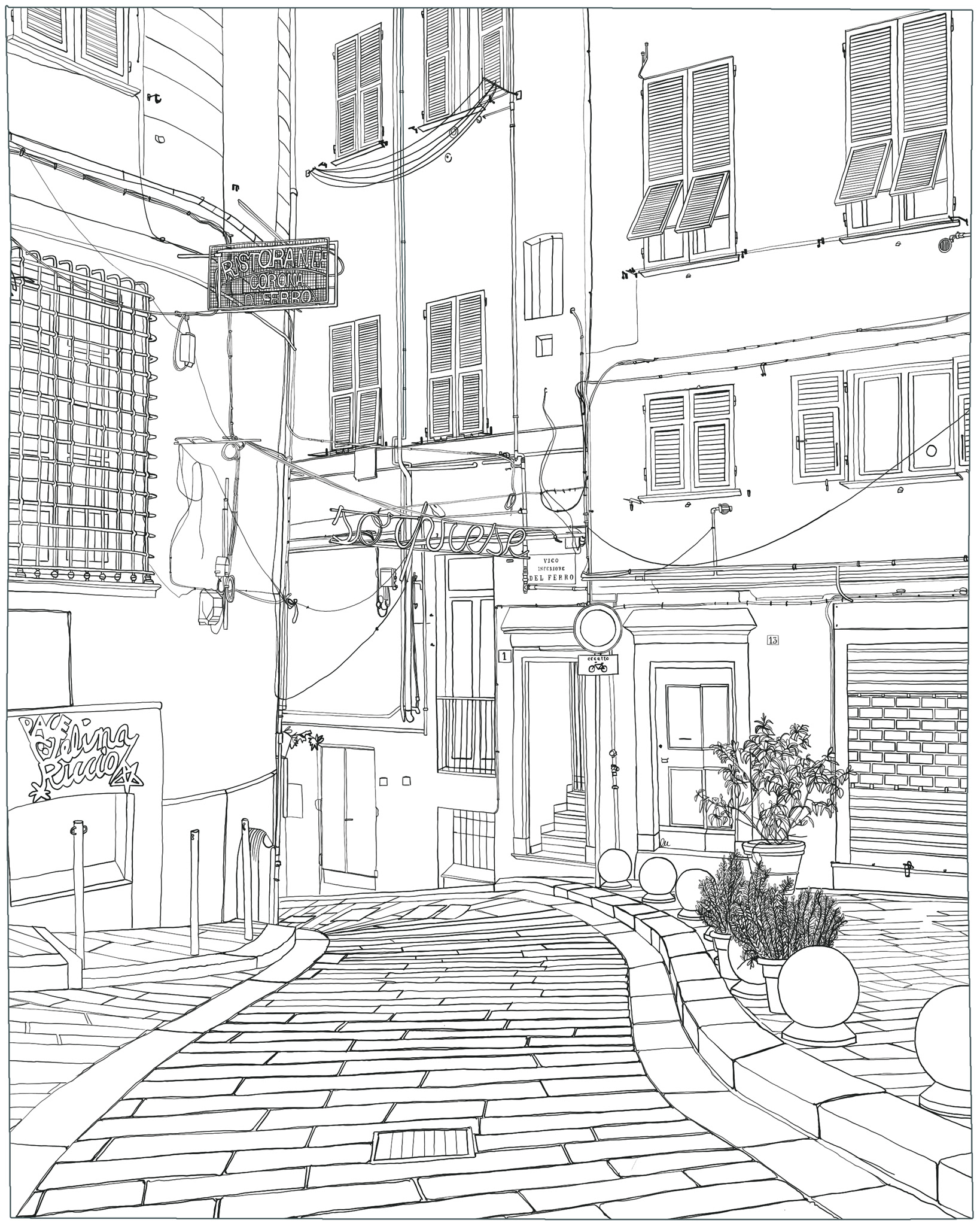 Composizione delle linee dell’illustrazione di uno scorcio raffigurante una porzione della strada mattonata in discesa e parte dei tre edifici circostanti in Vico Inferiore del Ferro a Genova. Un insieme di persiane alla genovese, finestre protette da vecchie inferriate, ingressi privati, la saracinesca di un negozio chiuso, intrico di cavi elettrici, l'insegna del ristorante Corona di Ferro e una luminaria del Comune di Genova che riporta la parola “sorprese” realizzata con strisce Led bianche.